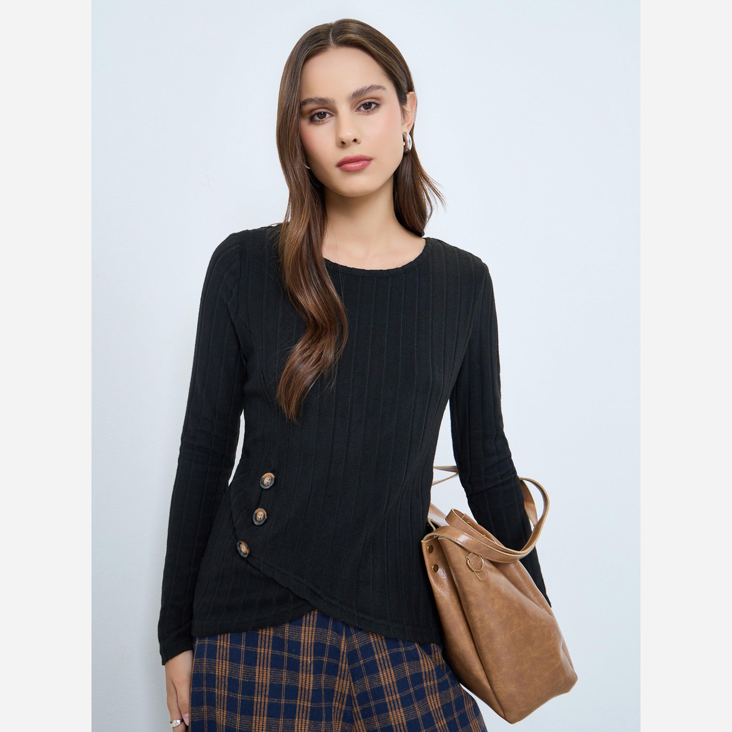 Take Two Black Ribbed Knit Top with Button Detail-women-clothing-shirtsandblouses-blouses-image-1