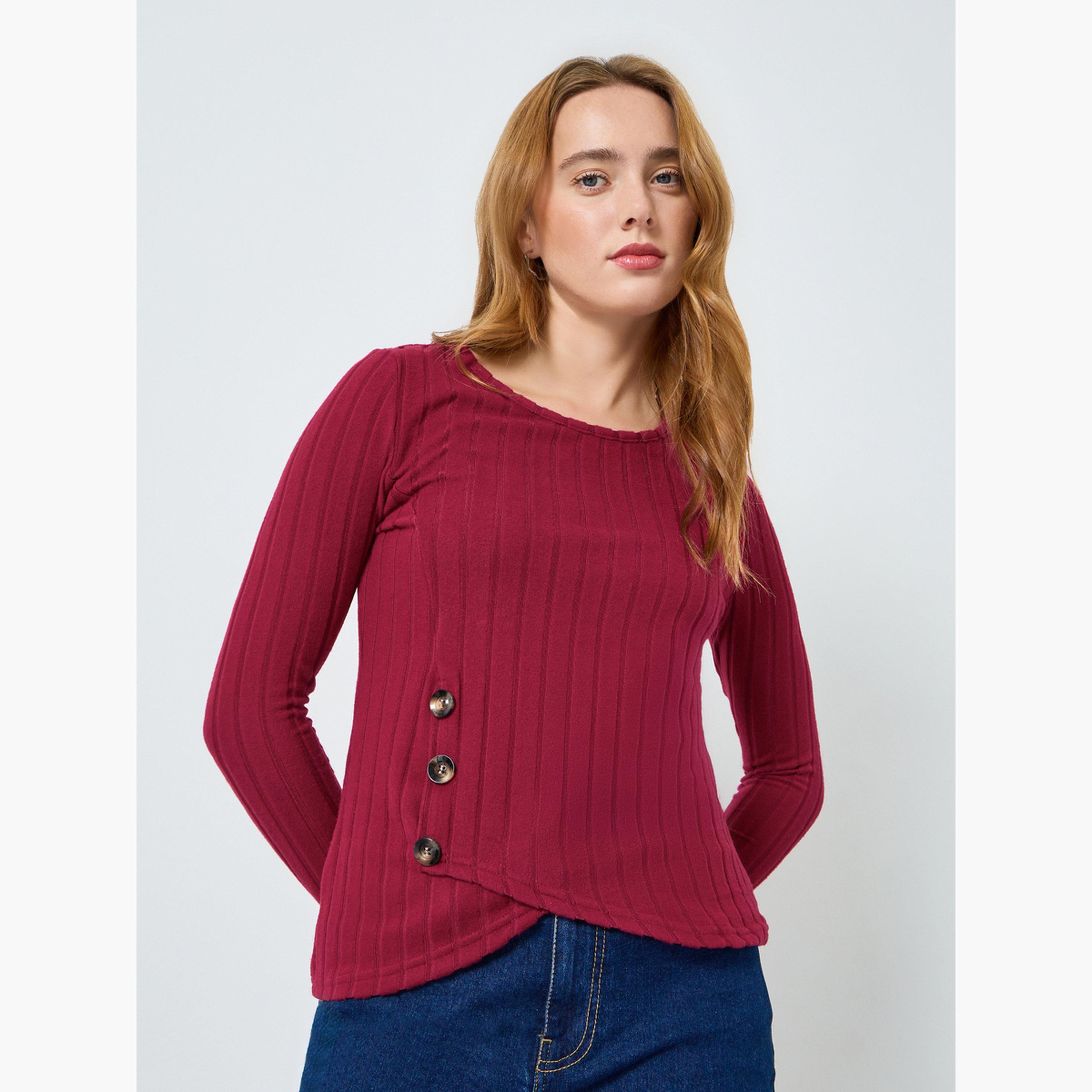 بلوزة مضلعة بتفاصيل أزرار-women-clothing-shirtsandblouses-blouses-image-1
