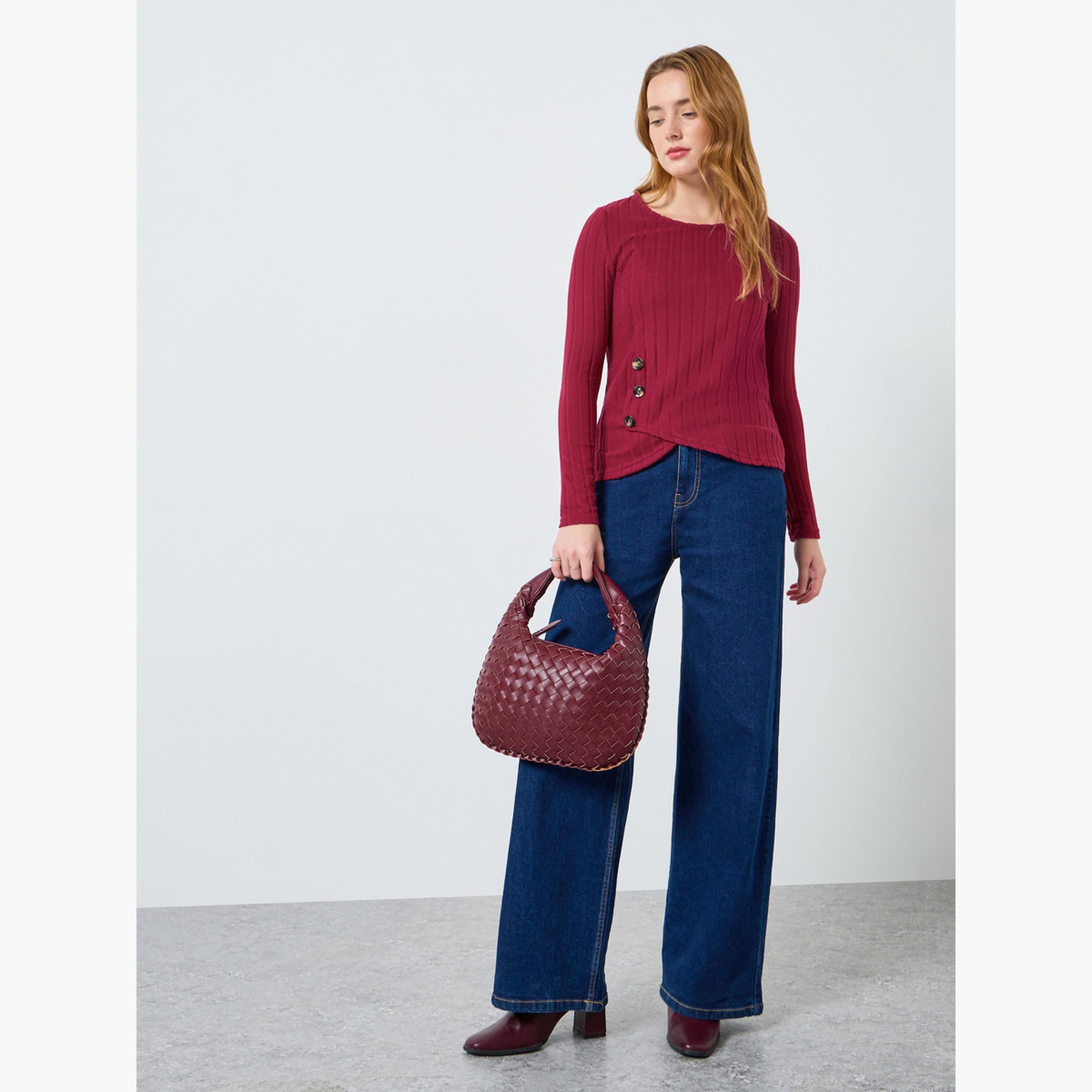 بلوزة مضلعة بتفاصيل أزرار-women-clothing-shirtsandblouses-blouses-image-2
