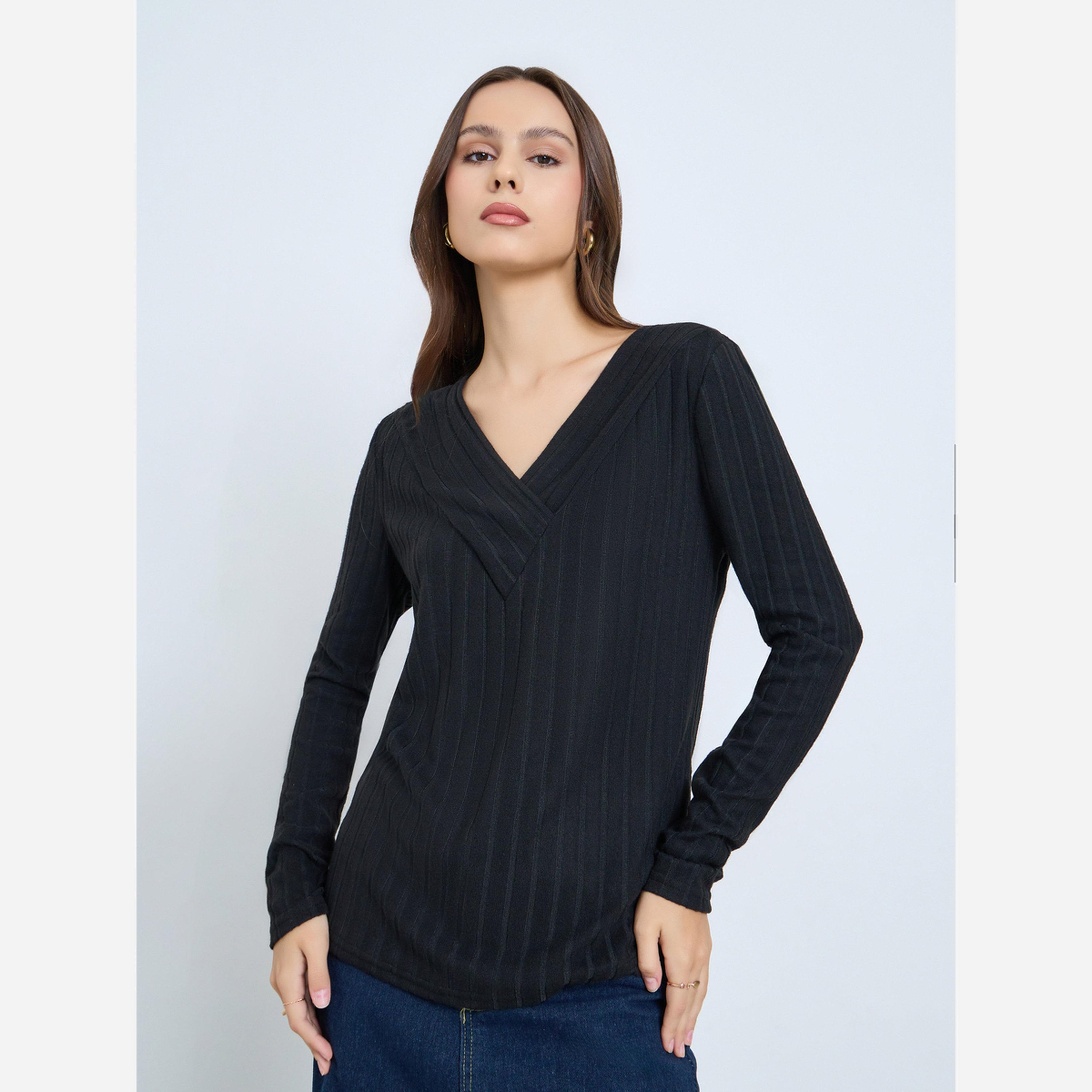 Take Two Black Ribbed V-Neck Long Sleeve Top-women-clothing-shirtsandblouses-blouses-image-1