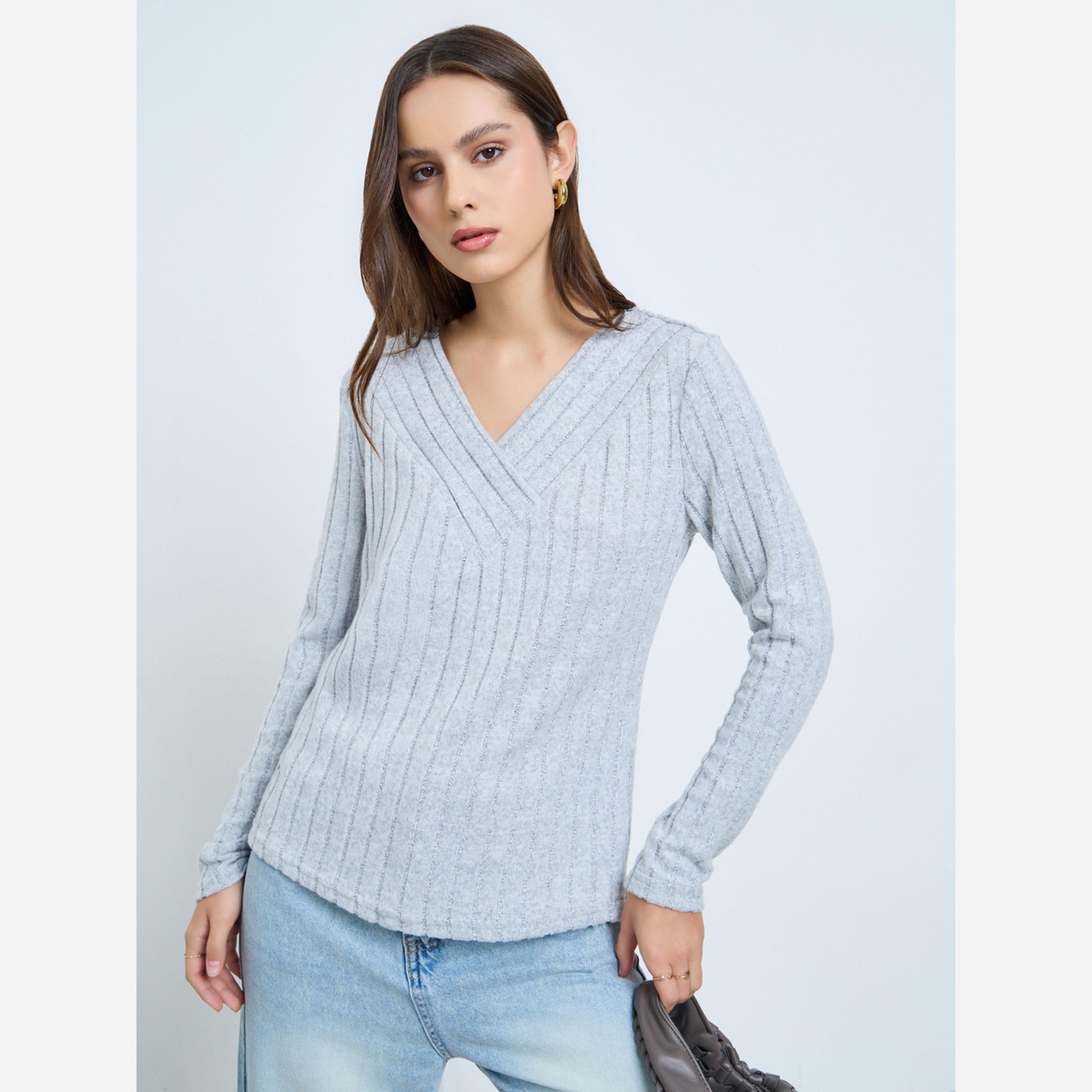 Take Two Grey Ribbed V-Neck Long Sleeve Top-women-clothing-shirtsandblouses-blouses-image-1