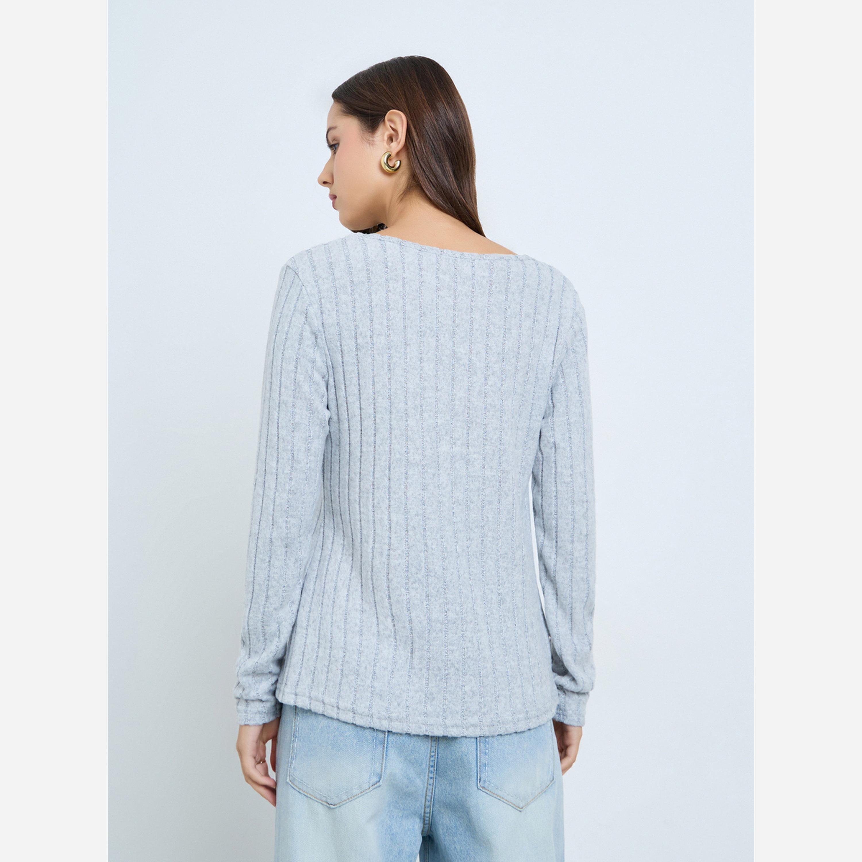 تيك تو - بلوزة لون رمادي ياقة شكل سبعة وأكمام طويلة-women-clothing-shirtsandblouses-blouses-image-4