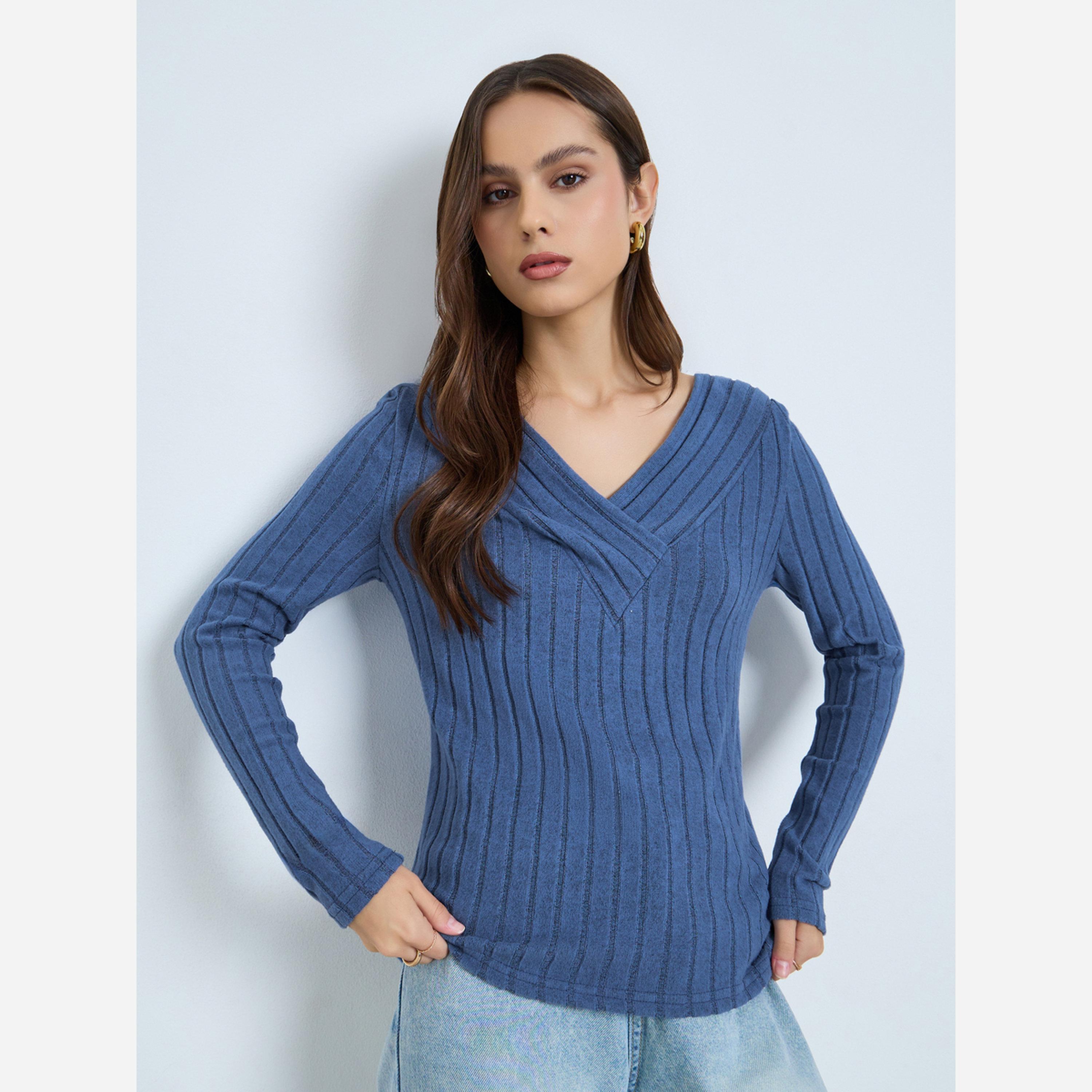 Take Two Women Blue V-Neck Long Sleeve Ribbed Top-women-clothing-shirtsandblouses-blouses-image-1
