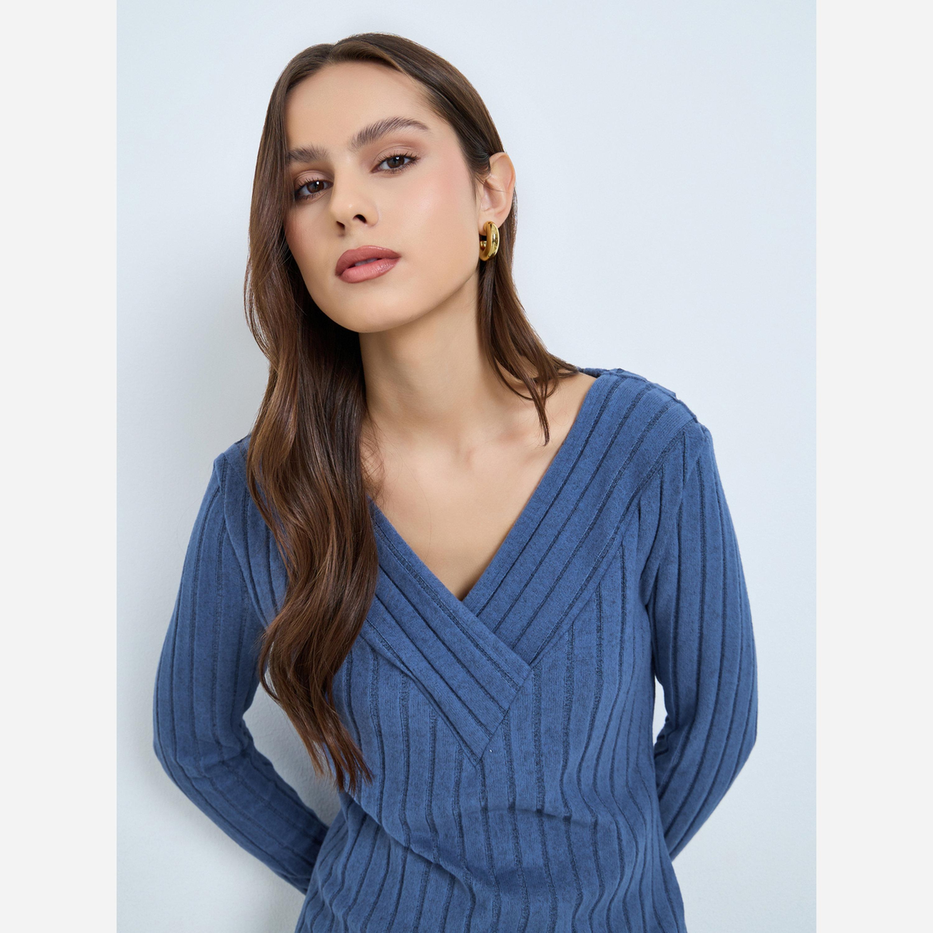 Take Two Women Blue V-Neck Long Sleeve Ribbed Top-women-clothing-shirtsandblouses-blouses-image-3