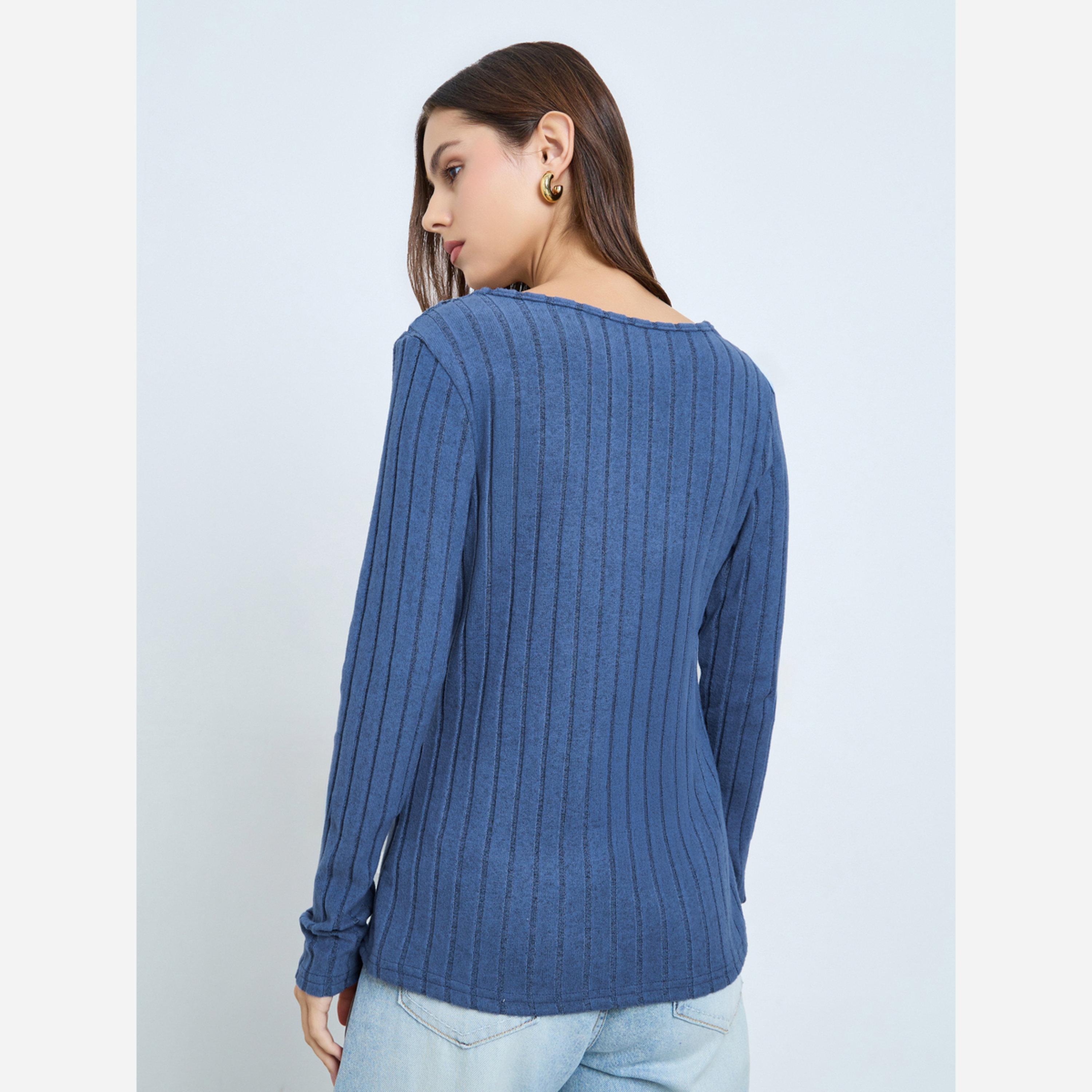 Take Two Women Blue V-Neck Long Sleeve Ribbed Top-women-clothing-shirtsandblouses-blouses-image-5