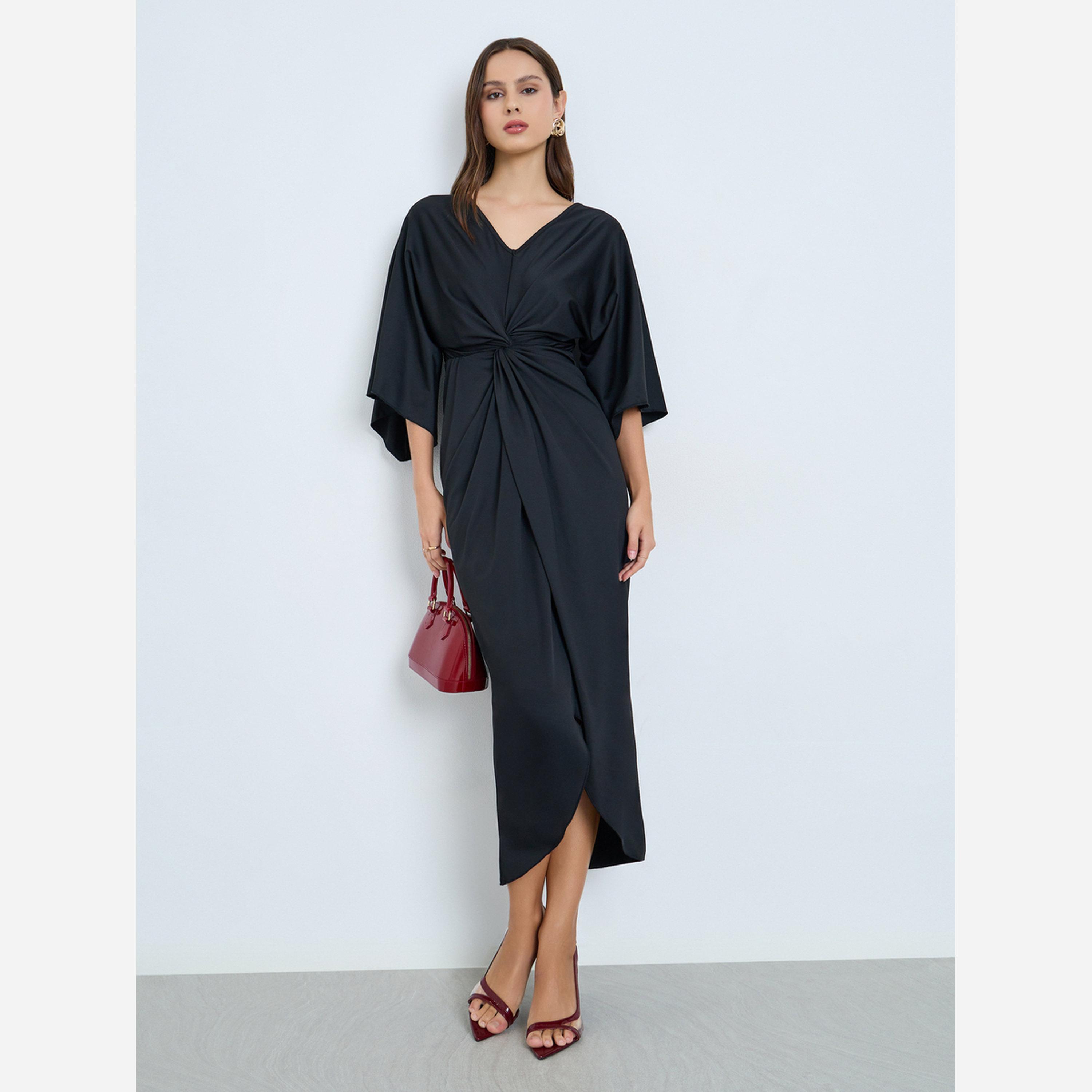 تيك تو - فستان متوسط الطول لون أسود بطيات-women-clothing-dresses-image-1