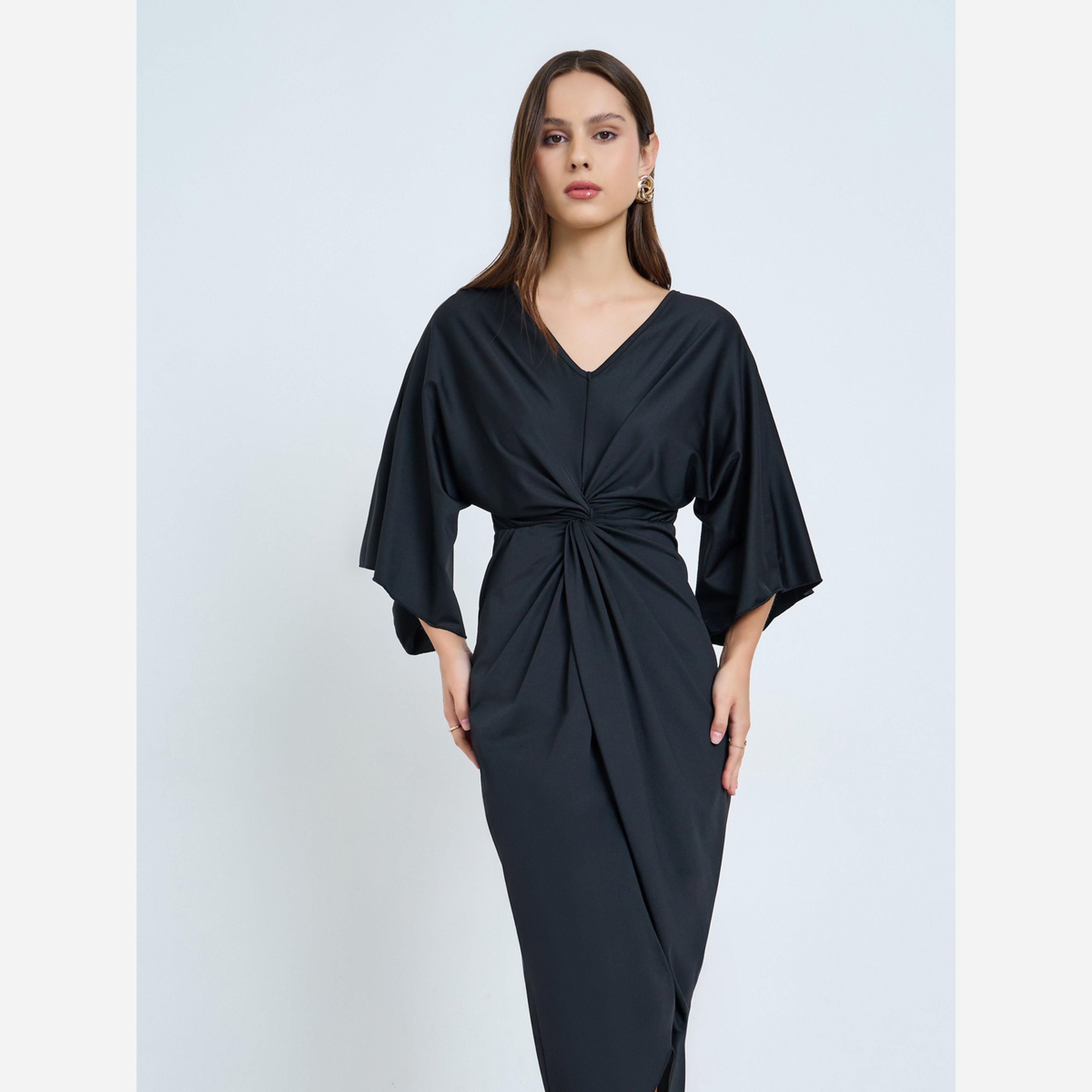 تيك تو - فستان متوسط الطول لون أسود بطيات-women-clothing-dresses-image-2