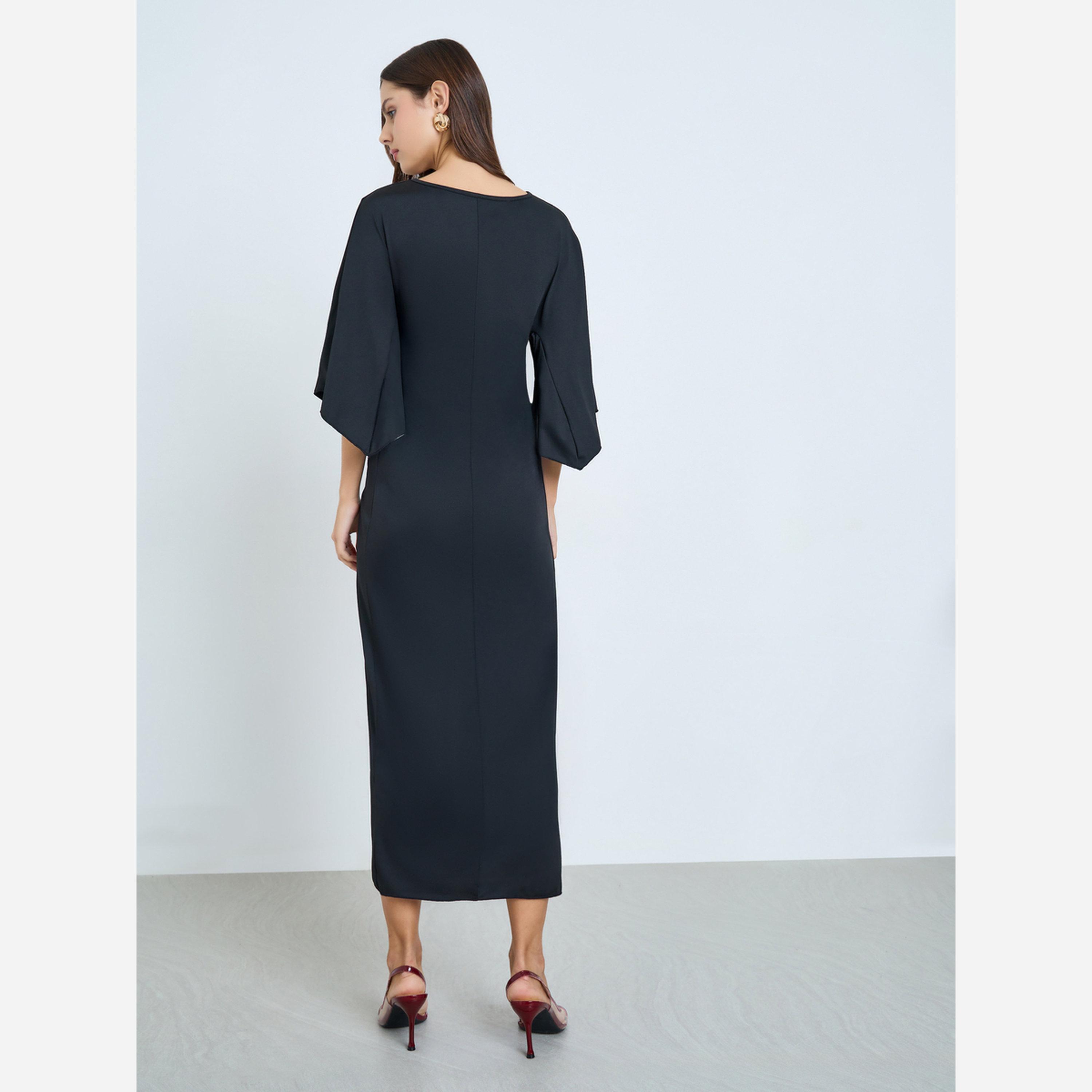 تيك تو - فستان متوسط الطول لون أسود بطيات-women-clothing-dresses-image-4