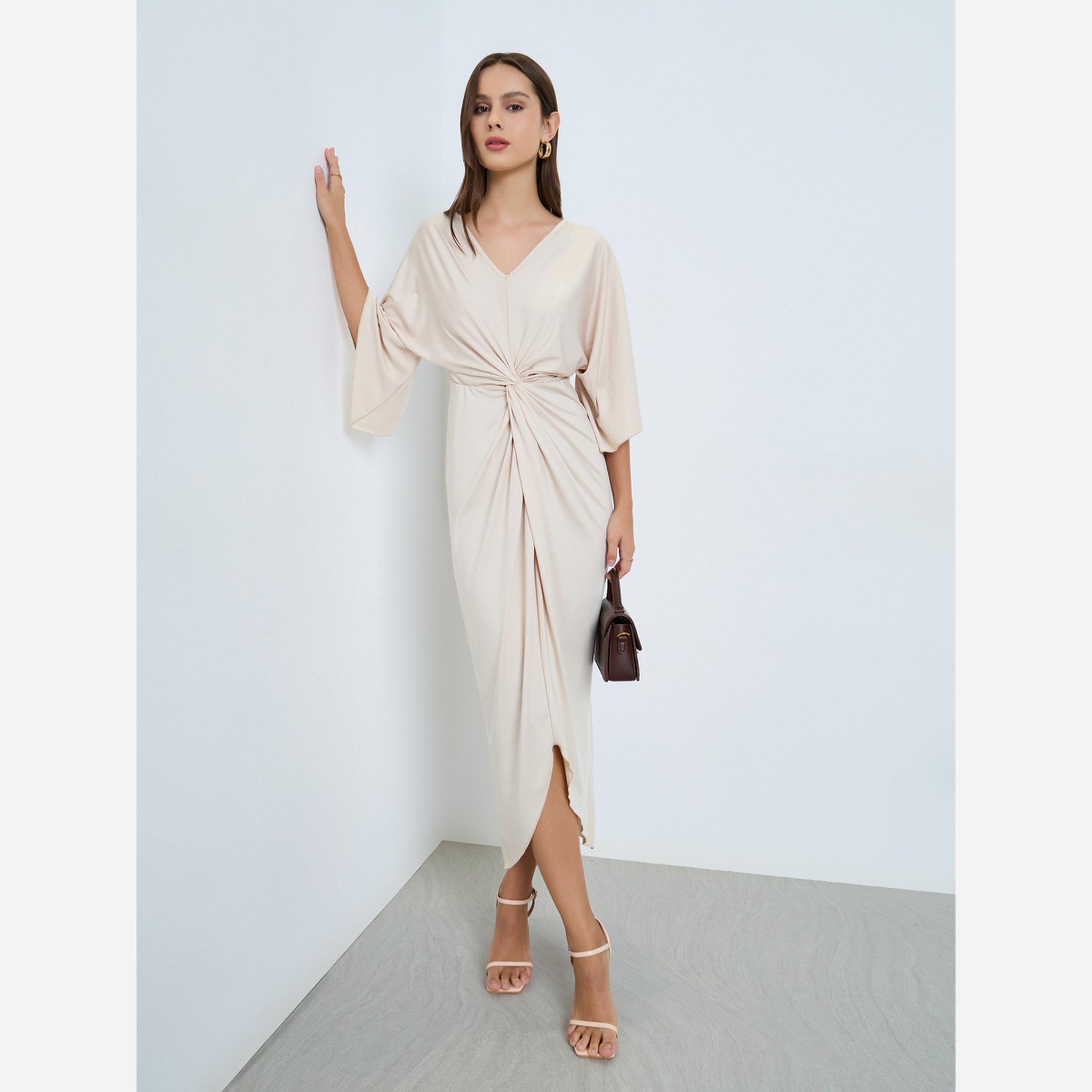 تيك تو - فستان متوسط الطول لون بيج بطيات-women-clothing-dresses-image-1