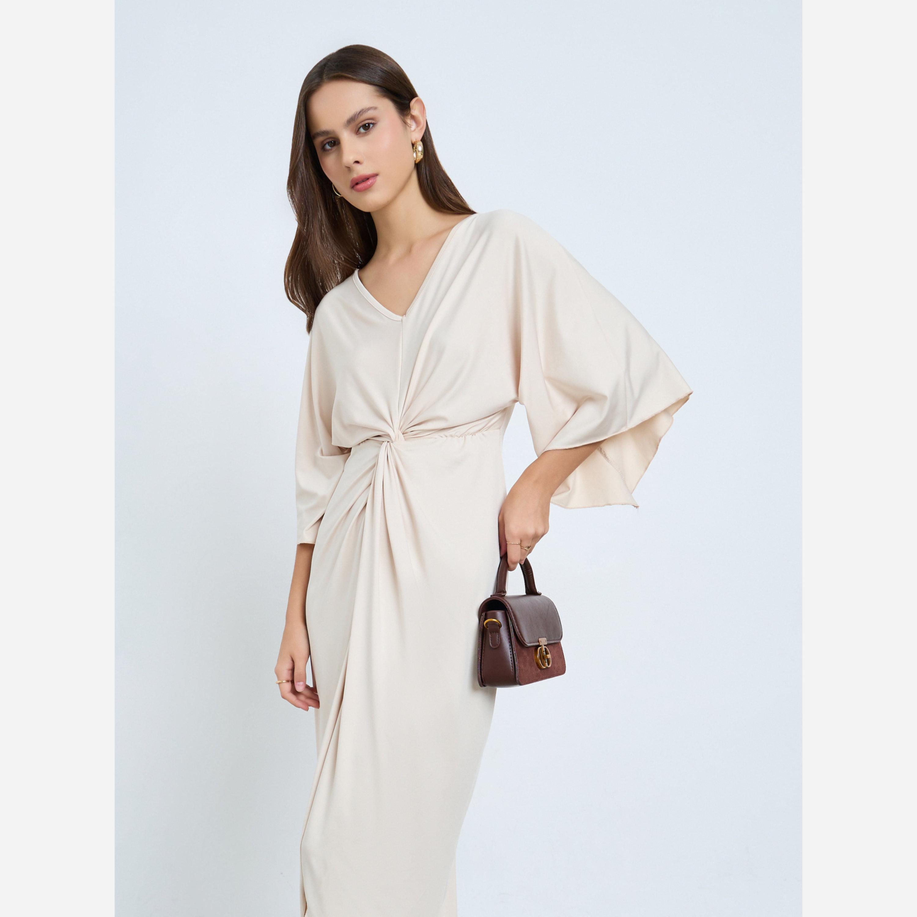 تيك تو - فستان متوسط الطول لون بيج بطيات-women-clothing-dresses-image-2
