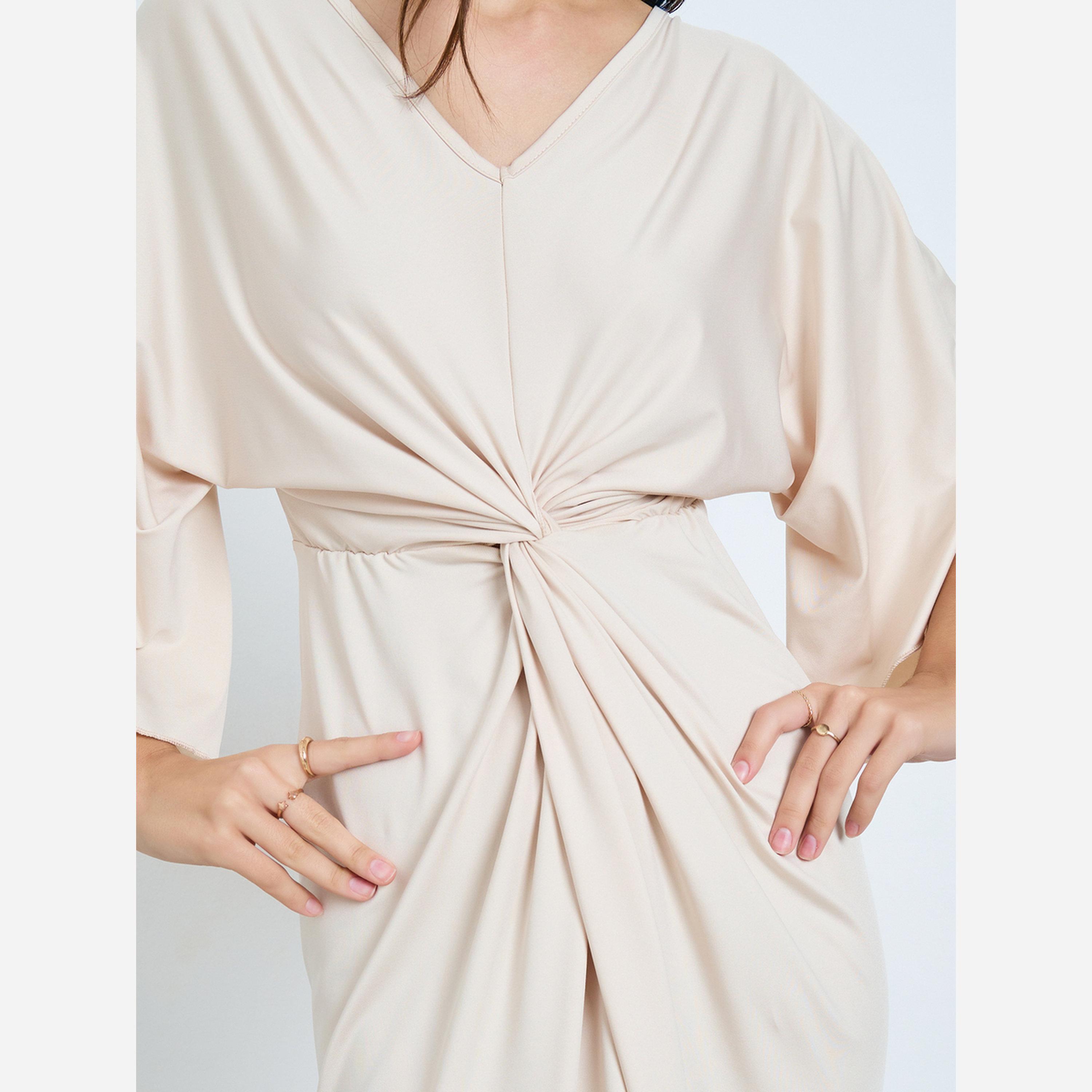 تيك تو - فستان متوسط الطول لون بيج بطيات-women-clothing-dresses-image-3