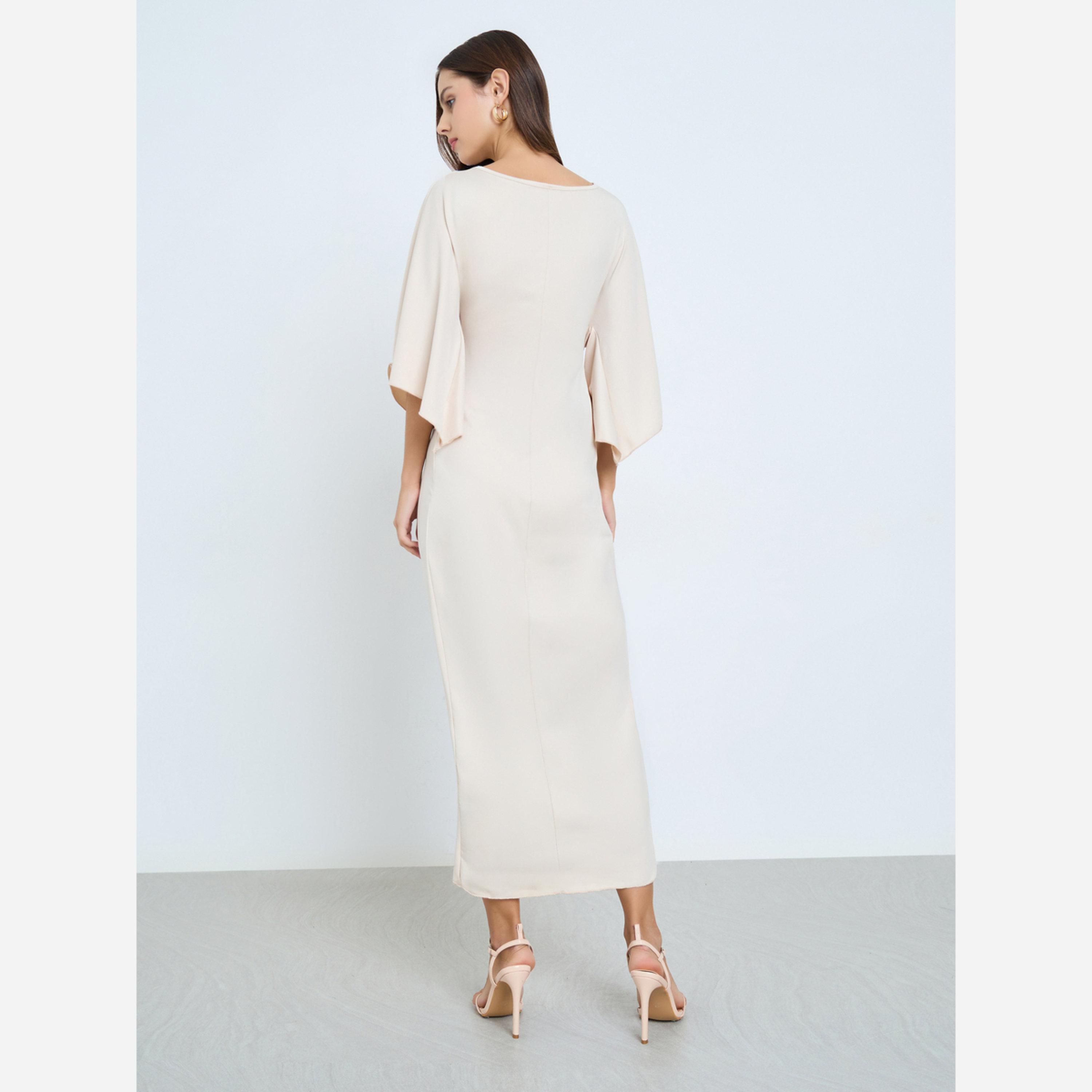 تيك تو - فستان متوسط الطول لون بيج بطيات-women-clothing-dresses-image-4