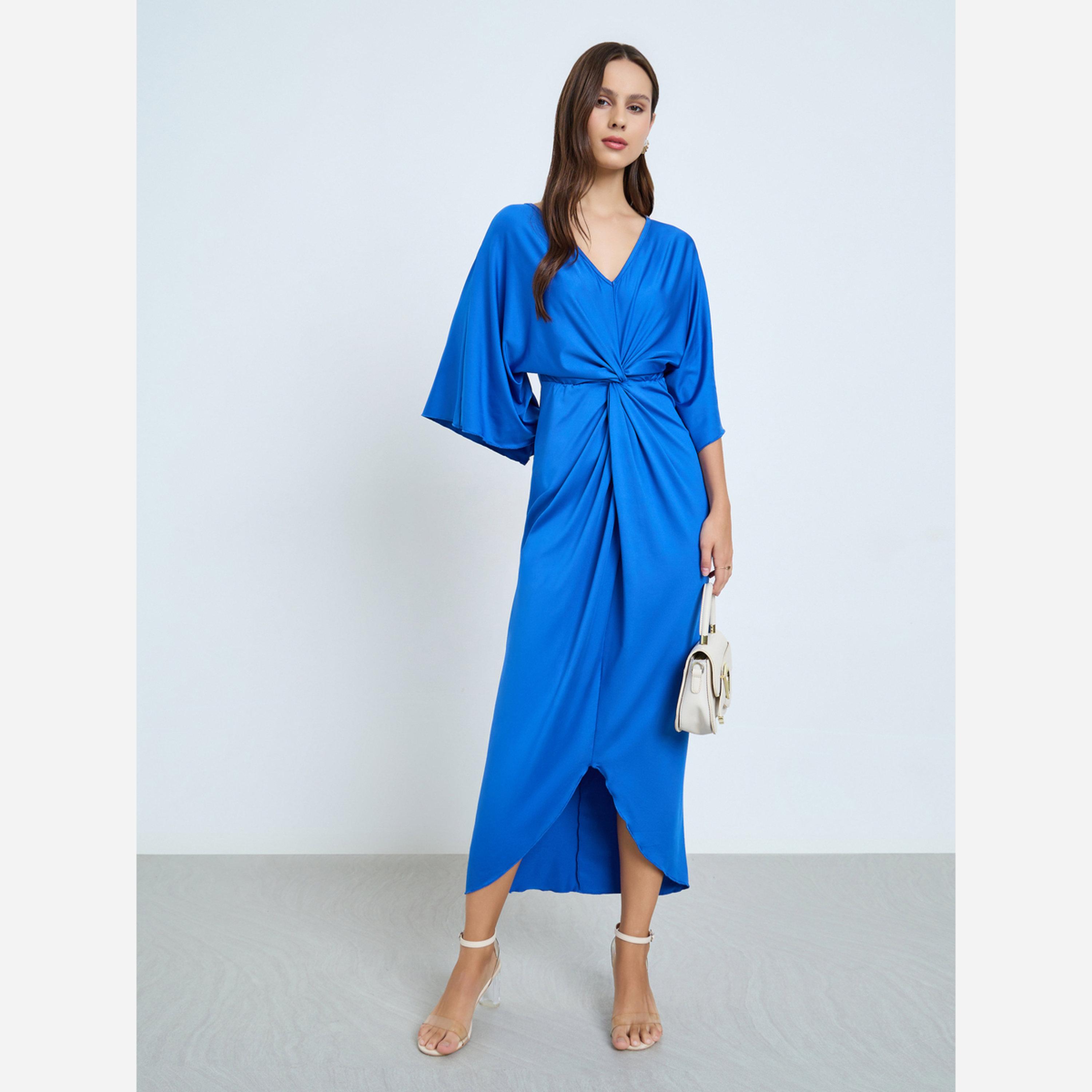 تيك تو - فستان متوسط الطول لون أزرق بطيات-women-clothing-dresses-image-1