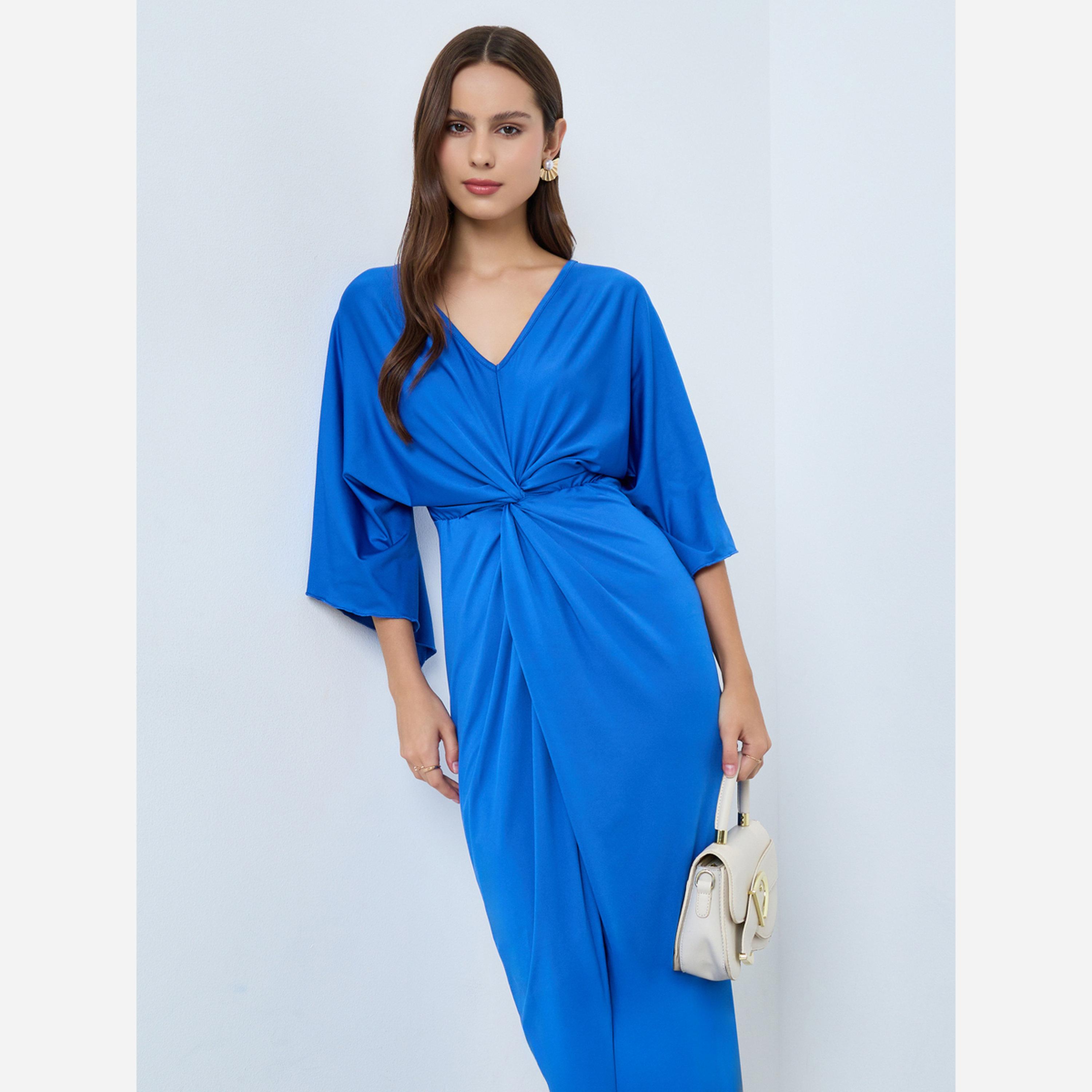 تيك تو - فستان متوسط الطول لون أزرق بطيات-women-clothing-dresses-image-2