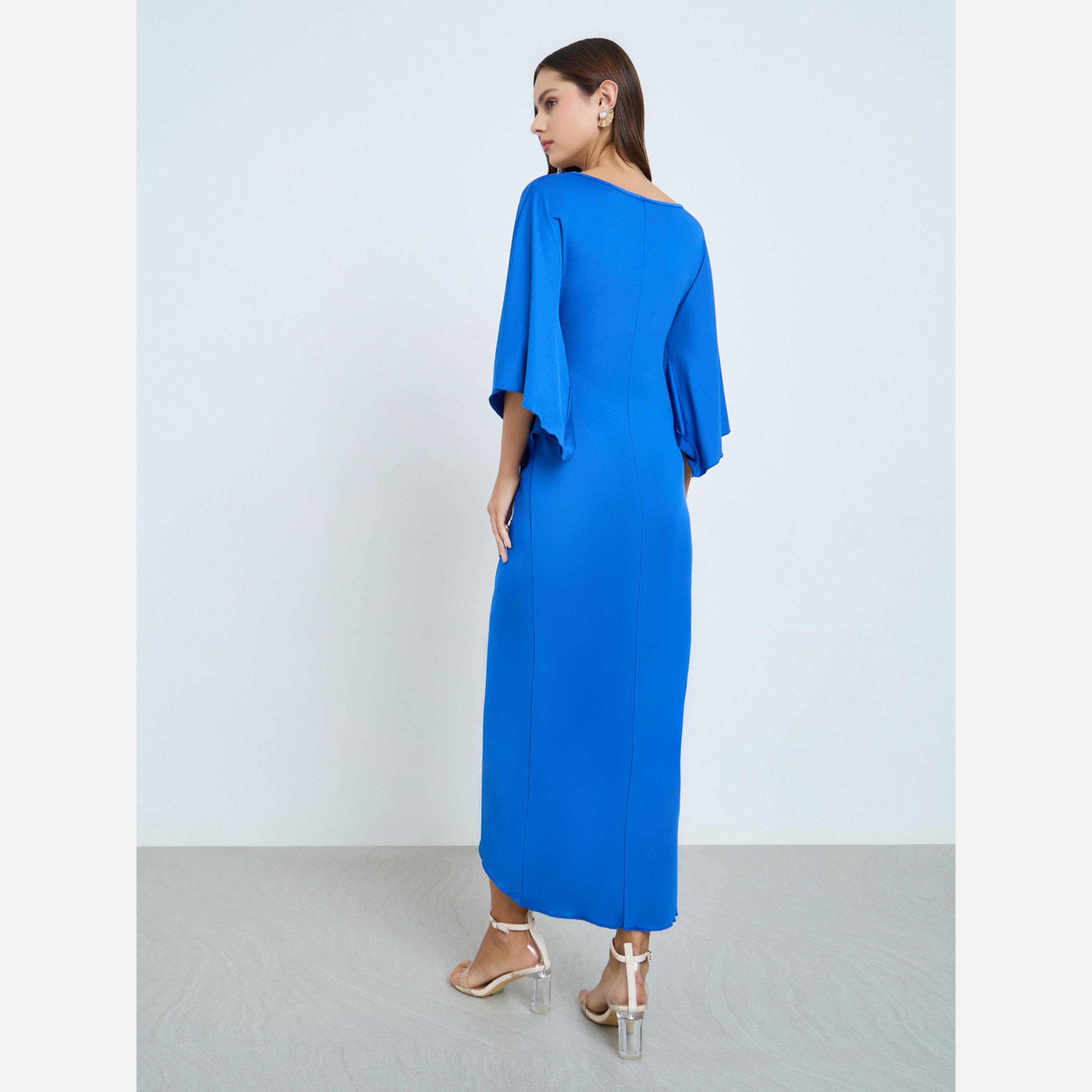 تيك تو - فستان متوسط الطول لون أزرق بطيات-women-clothing-dresses-image-4