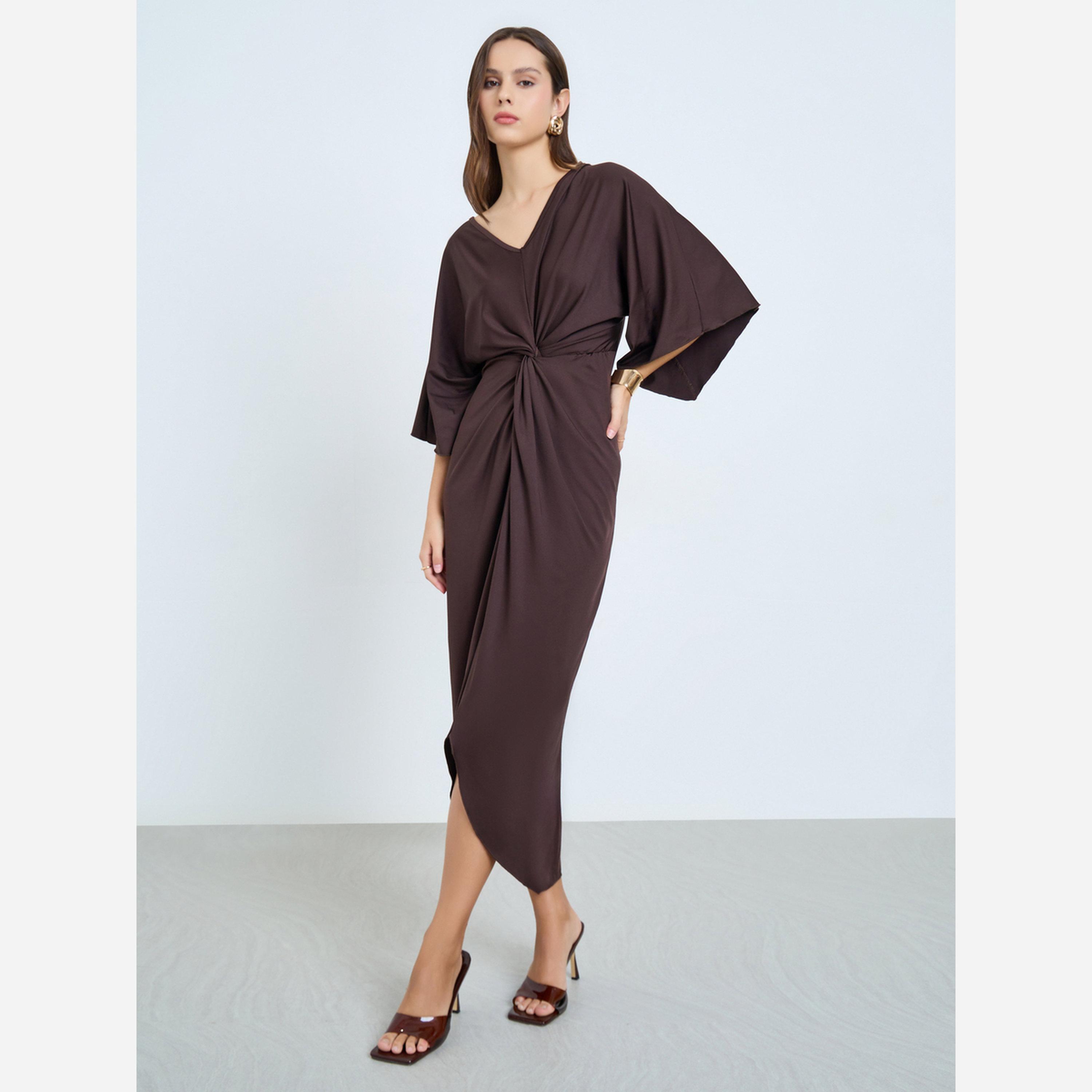 تيك تو - فستان متوسط الطول لون بني بطيات-women-clothing-dresses-image-1