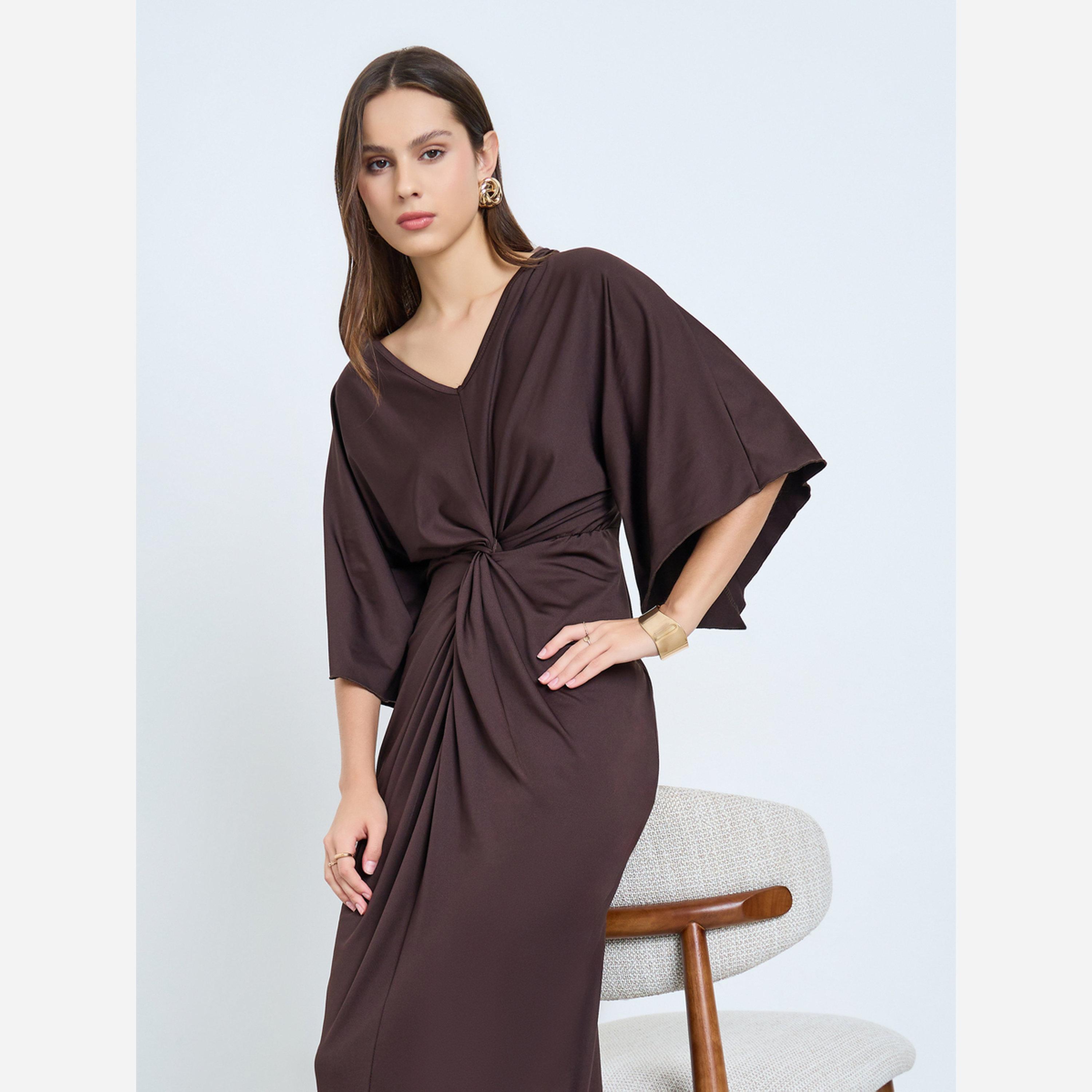 تيك تو - فستان متوسط الطول لون بني بطيات-women-clothing-dresses-image-2