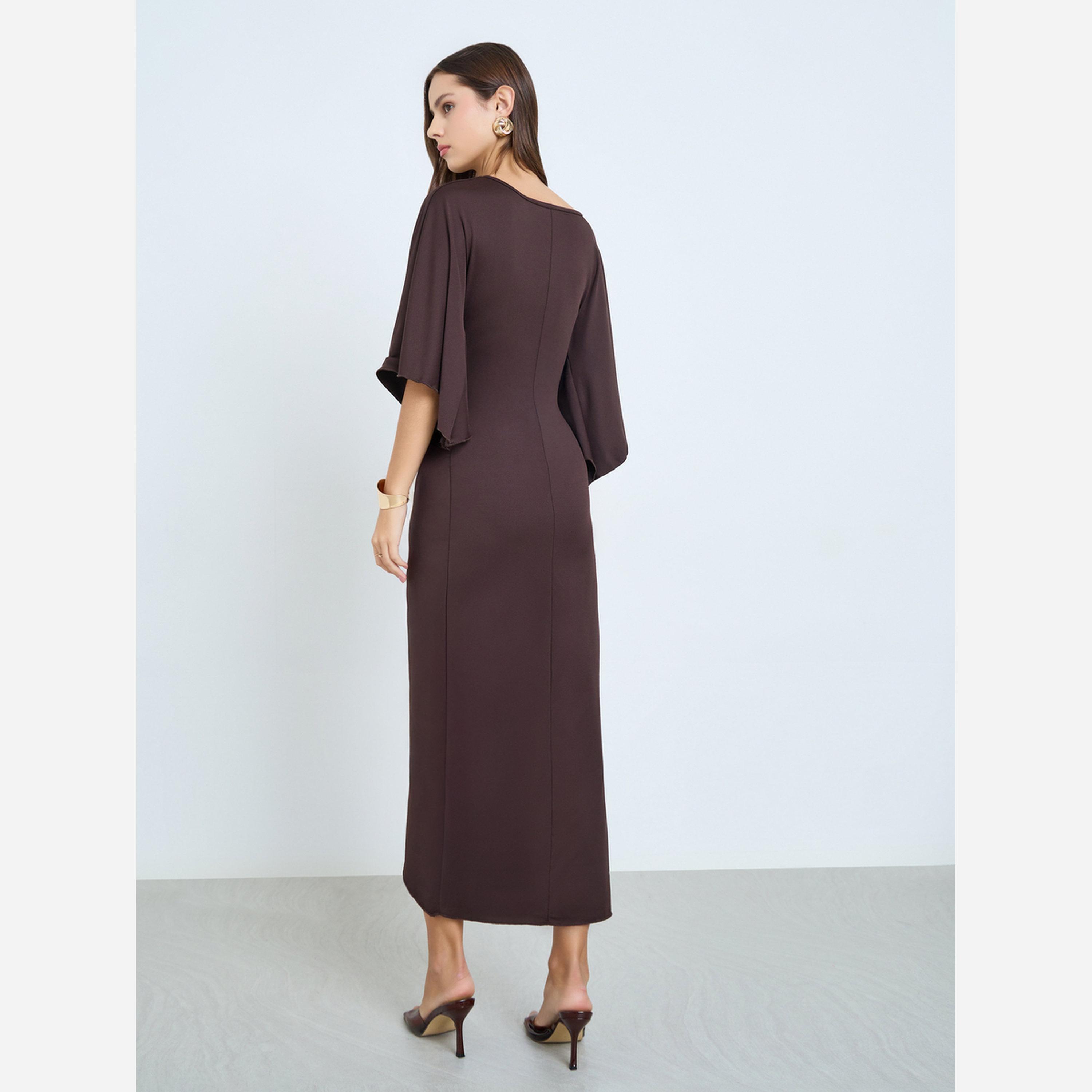 تيك تو - فستان متوسط الطول لون بني بطيات-women-clothing-dresses-image-4