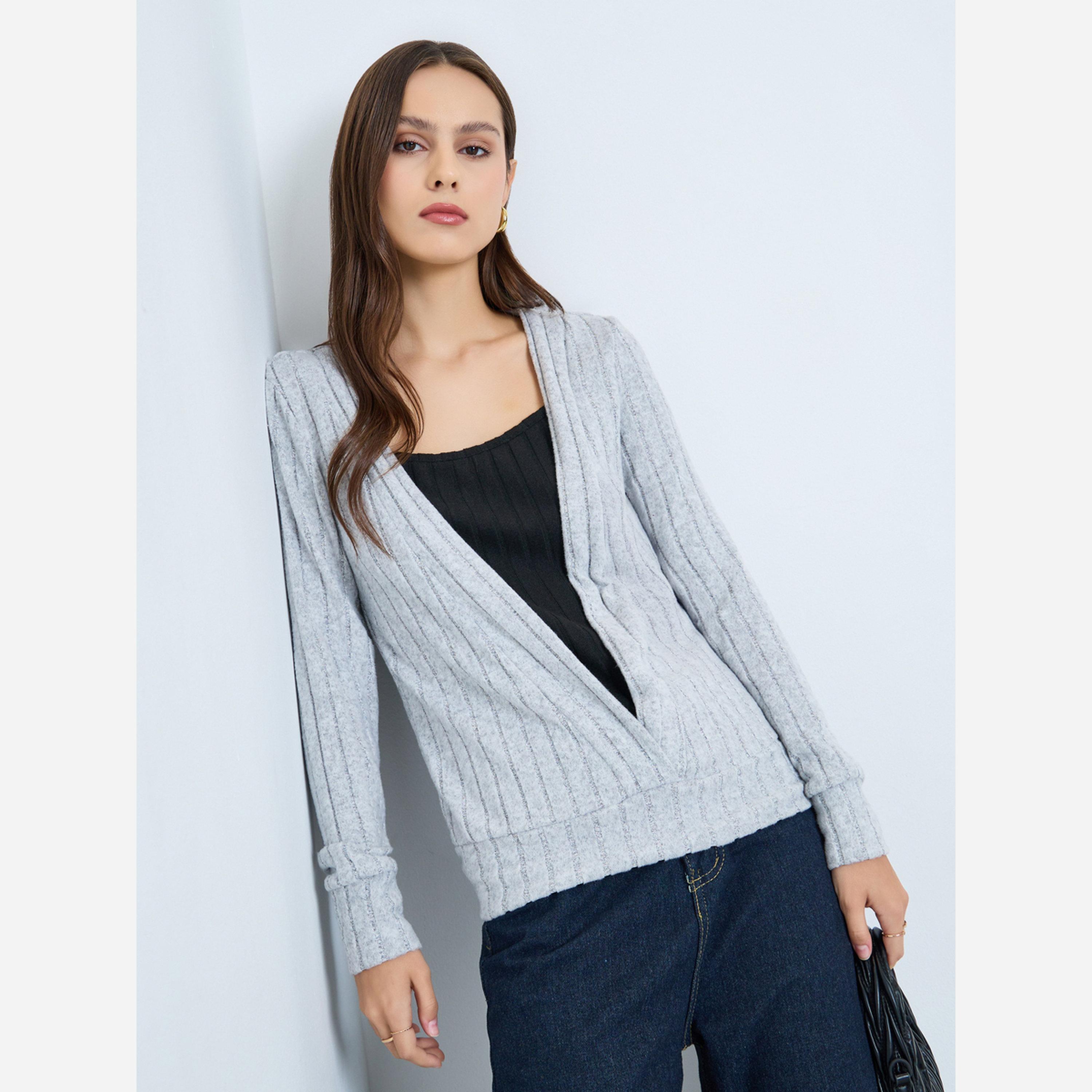 Take Two Women Grey Ribbed Knit Top-women-clothing-shirtsandblouses-blouses-image-1