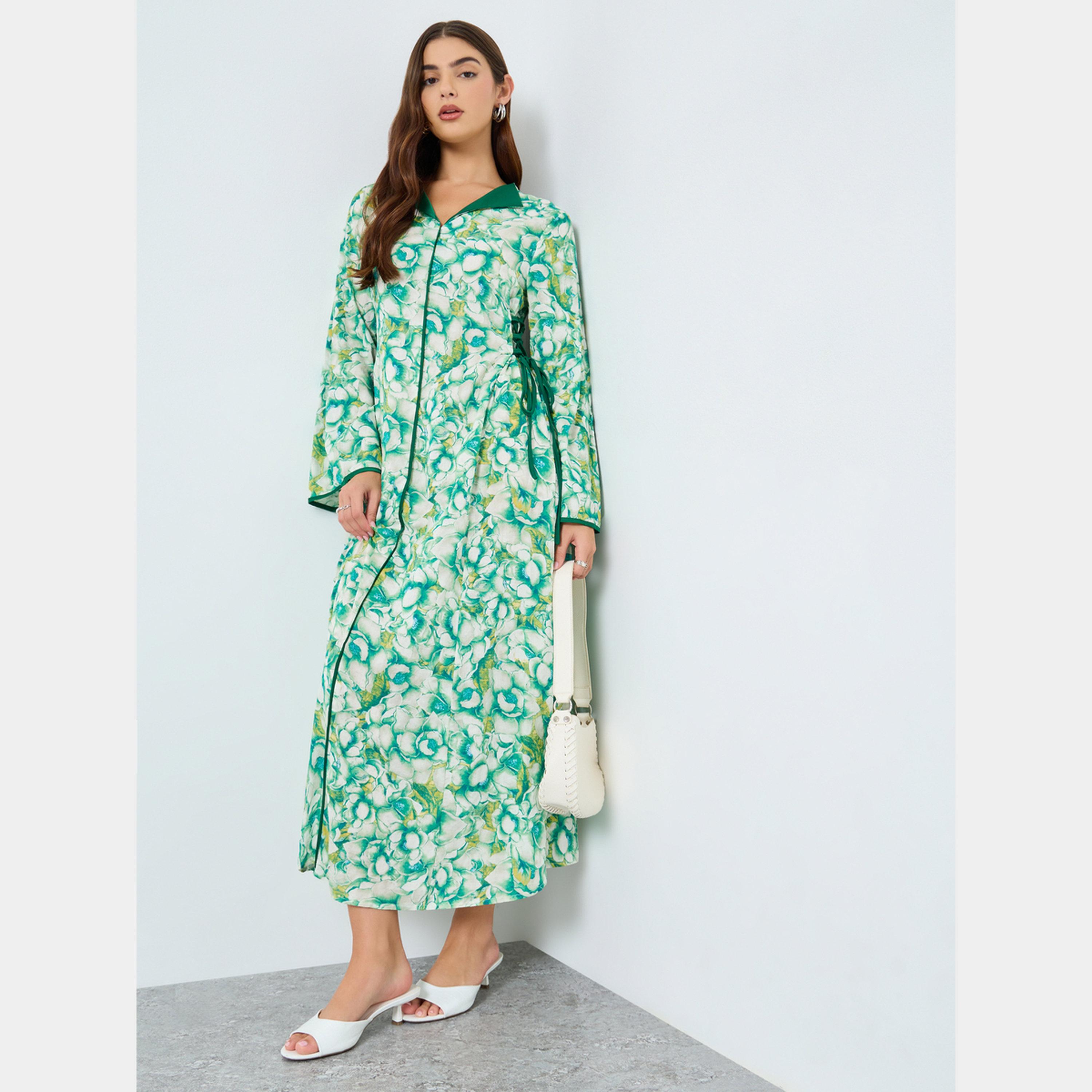 Keenly X Styli All-Over Printed V-Neck Split Long Sleeves Women's Maxi Dress-women-clothing-dresses-image-1