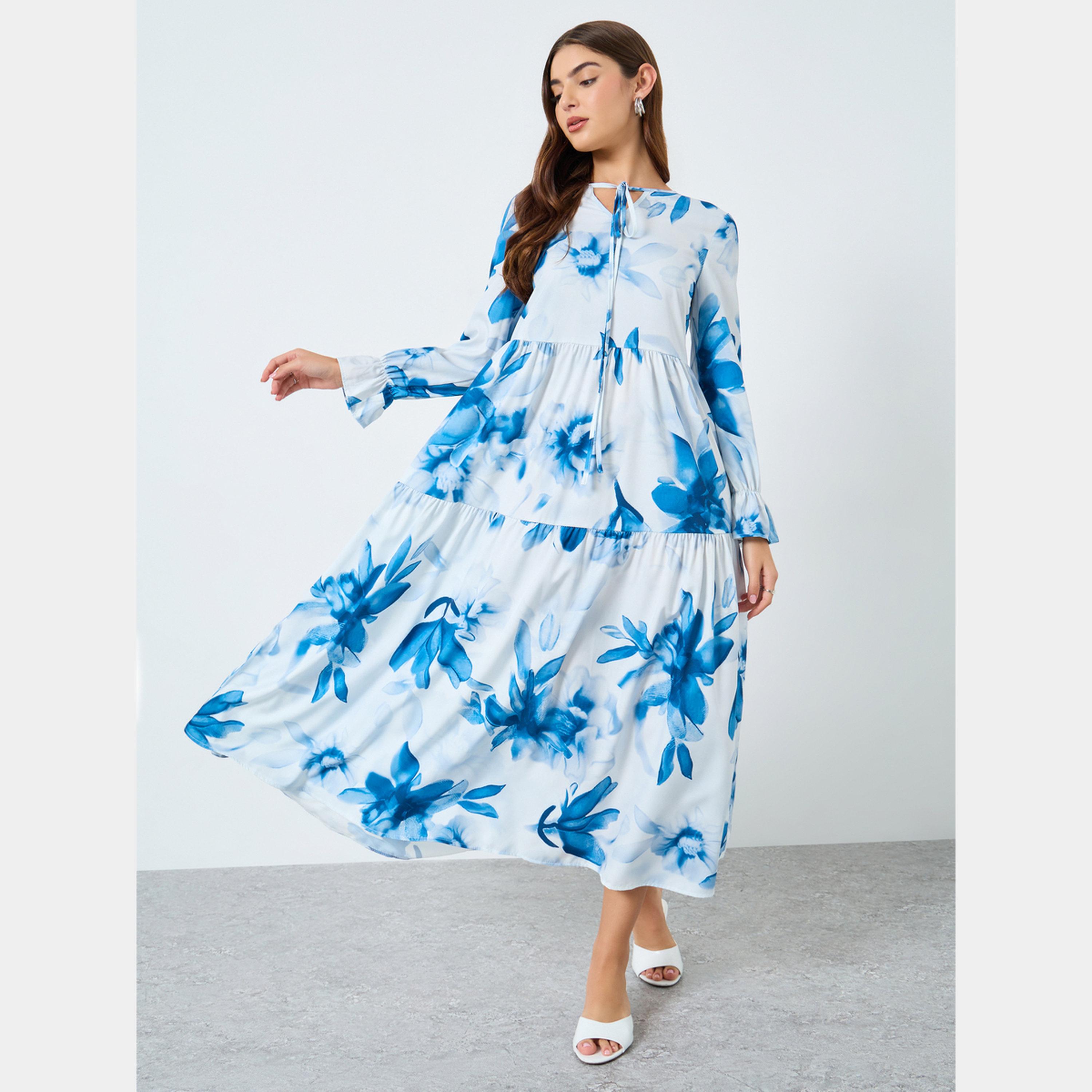 كينلي × ستايلي - فستان نسائي متوسط ​​الطول بأكمام طويلة وياقة مربوطة طباعة زهور-women-clothing-dresses-image-1