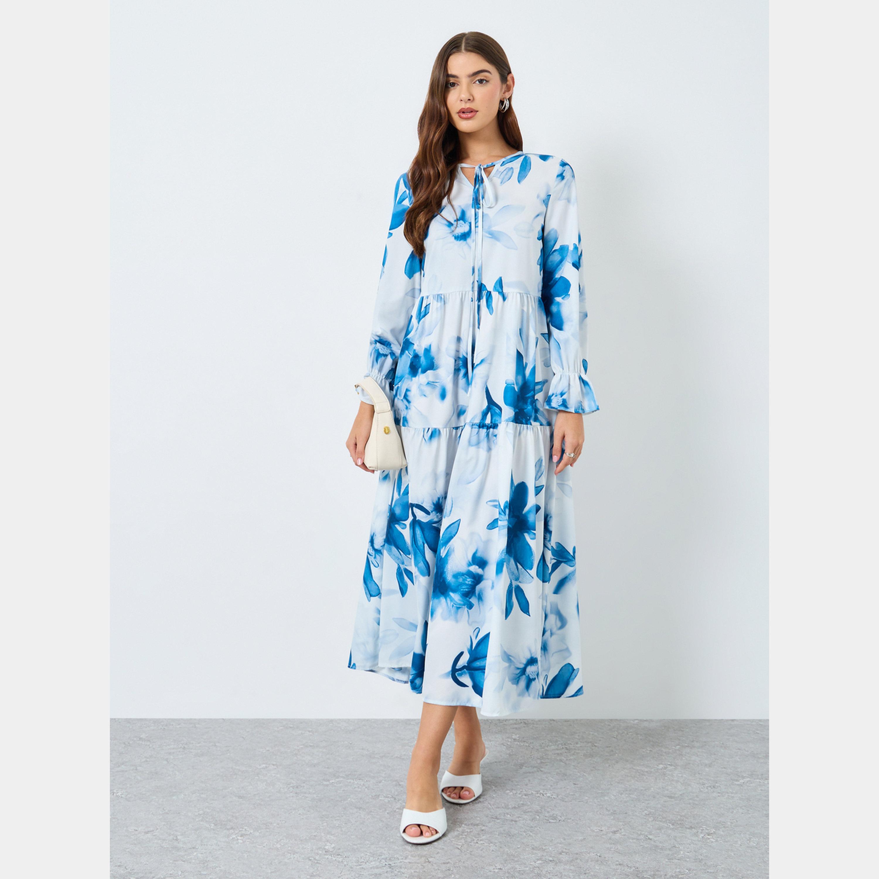 Keenly X Styli Floral Printed Tie-Up Neck Long Sleeves Women's Midi Dress-women-clothing-dresses-image-2