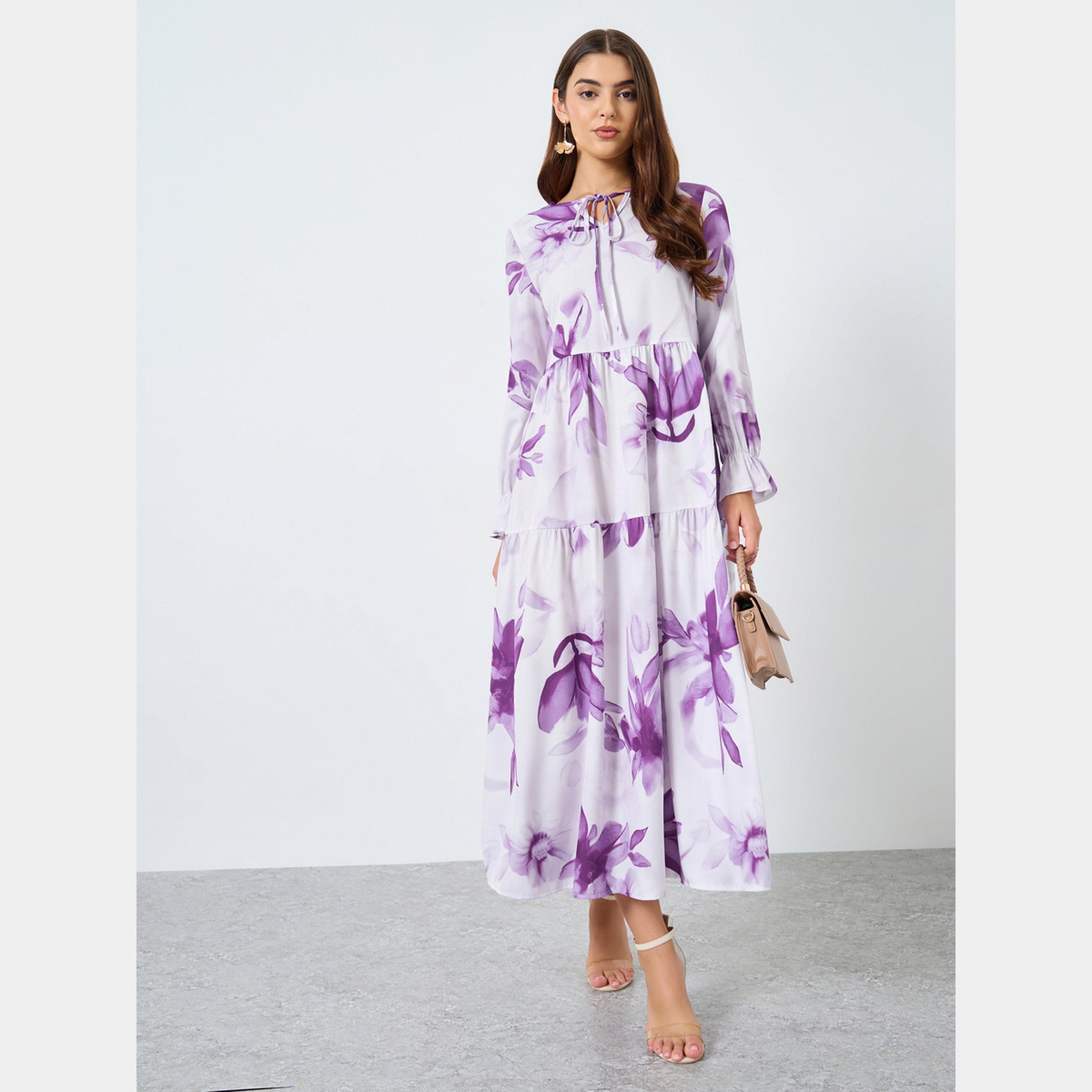 Keenly X Styli Floral Printed Tie-Up Neck Long Sleeves Women's Midi Dress-women-clothing-dresses-image-1