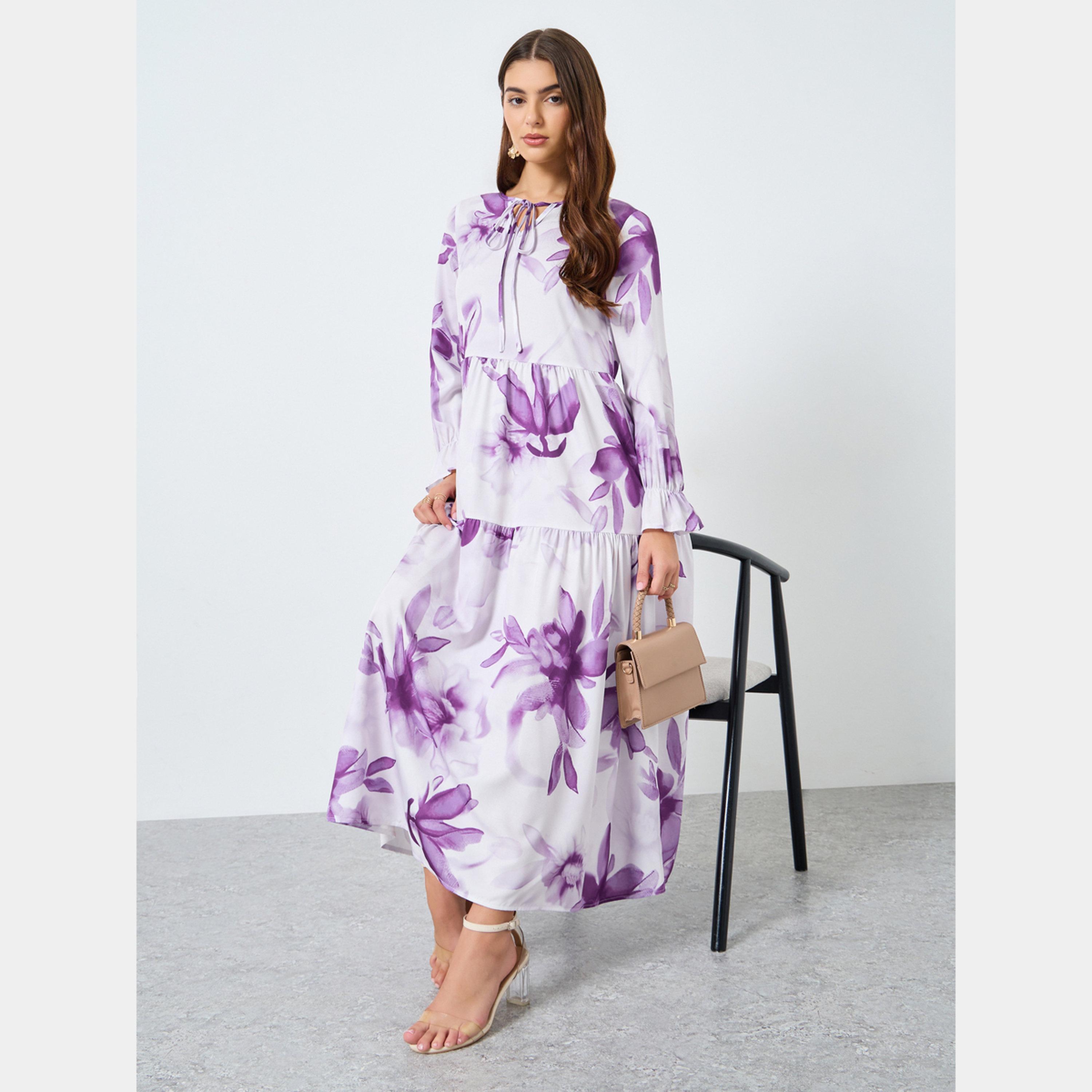 Keenly X Styli Floral Printed Tie-Up Neck Long Sleeves Women's Midi Dress-women-clothing-dresses-image-2