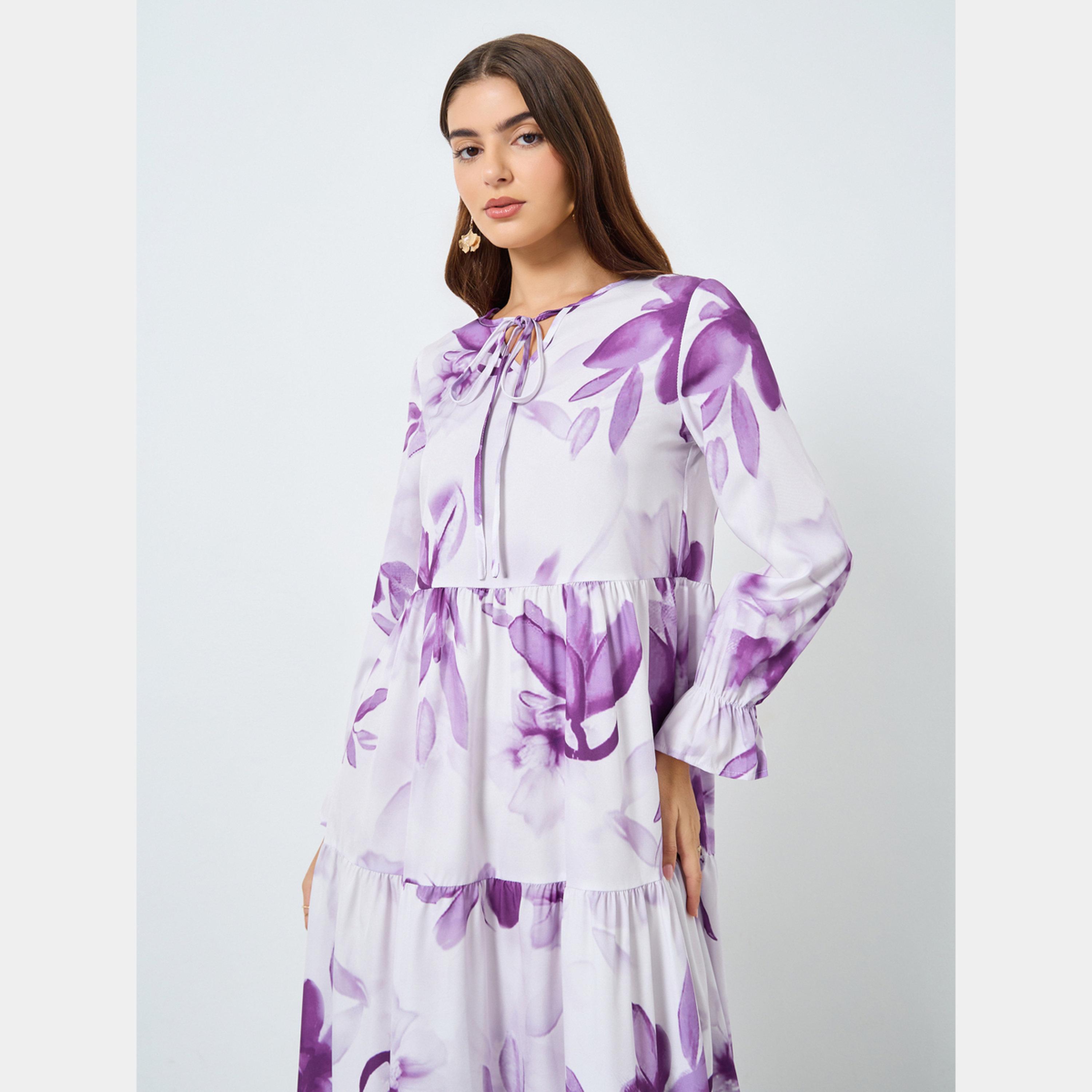 Keenly X Styli Floral Printed Tie-Up Neck Long Sleeves Women's Midi Dress-women-clothing-dresses-image-3