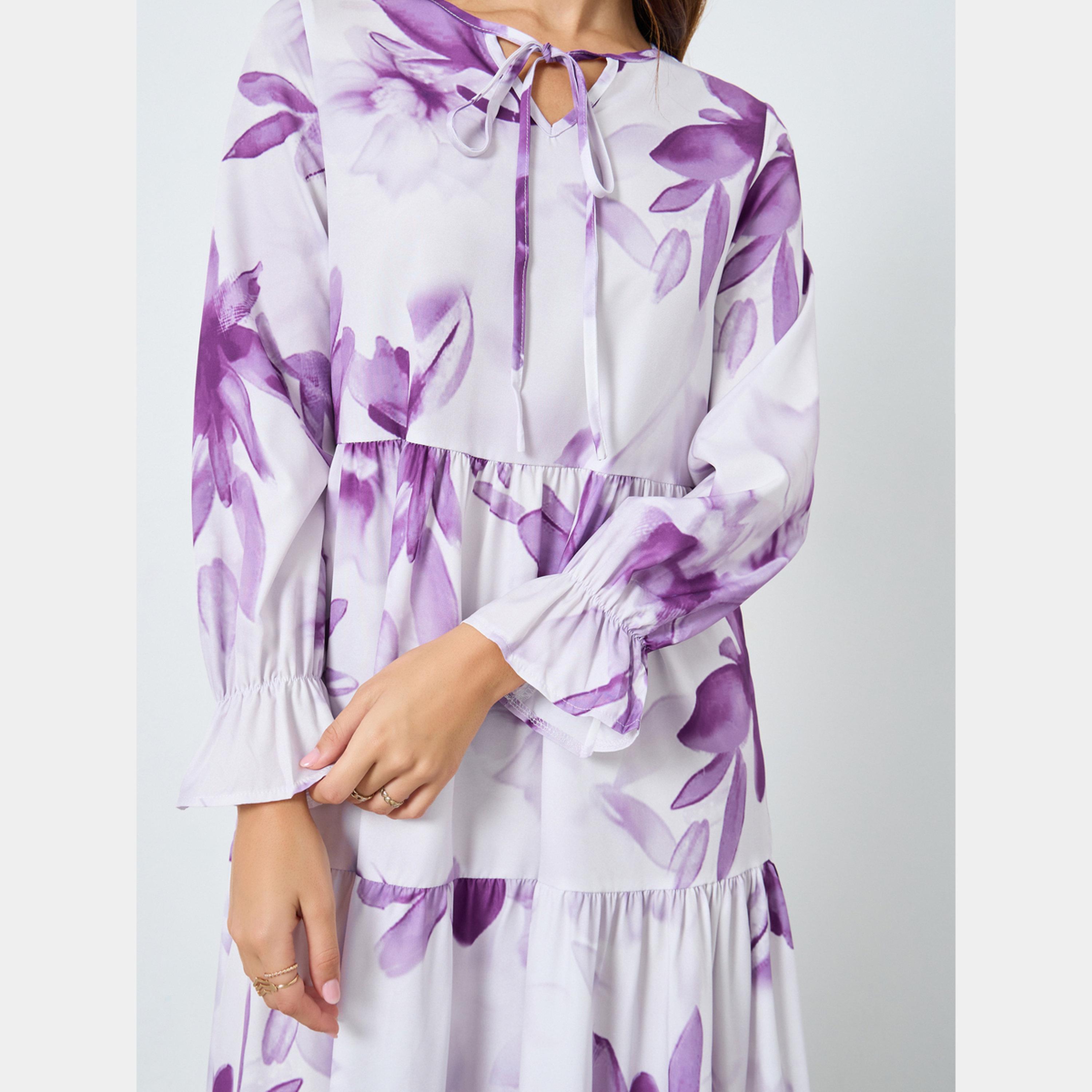 Keenly X Styli Floral Printed Tie-Up Neck Long Sleeves Women's Midi Dress-women-clothing-dresses-image-4