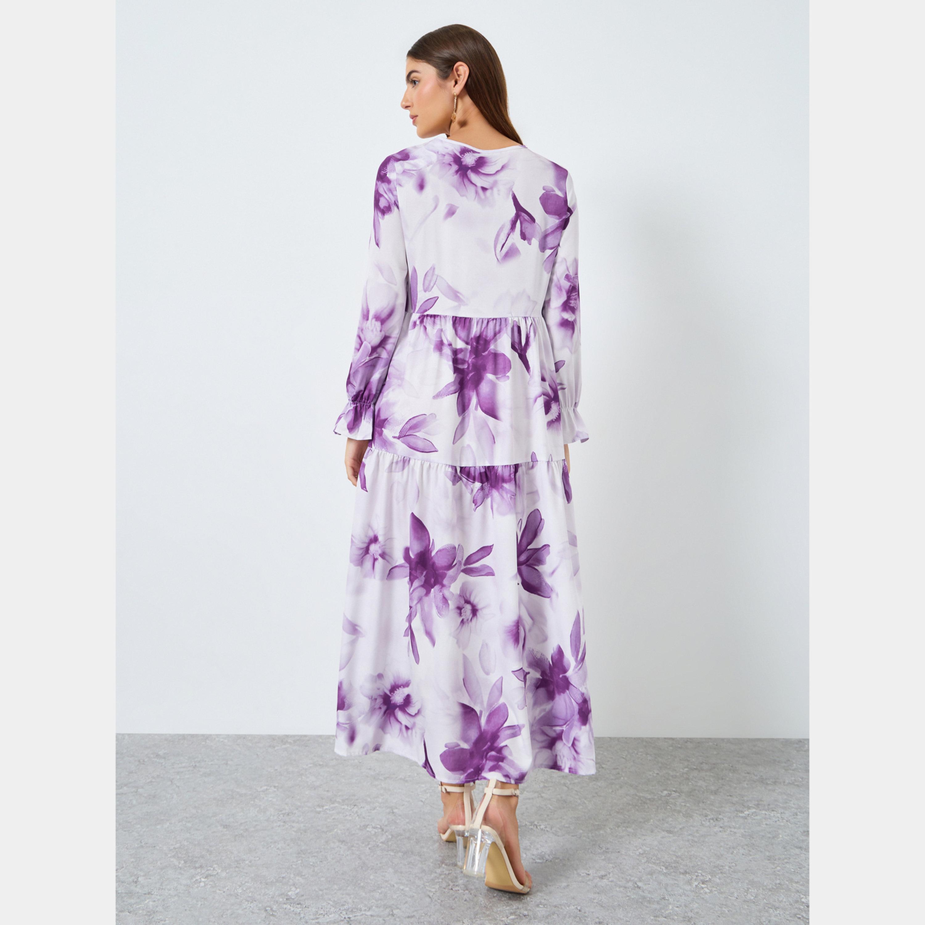 Keenly X Styli Floral Printed Tie-Up Neck Long Sleeves Women's Midi Dress-women-clothing-dresses-image-5