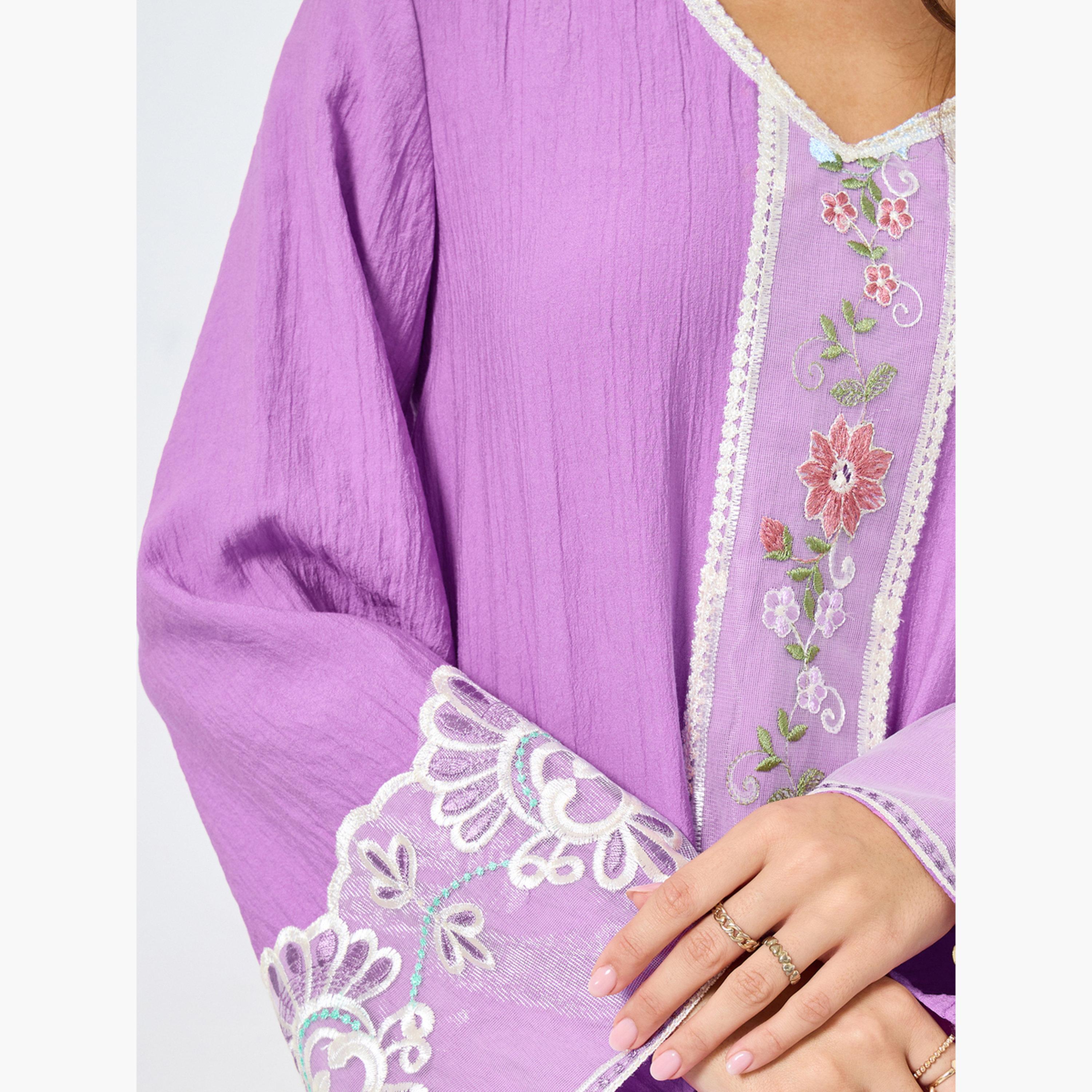 كينلي × ستايلي - جلابية بأكمام طويلة وتطريز منقوش وتفاصيل دانتيل-women-arabicclothing-jalabiyas-image-3