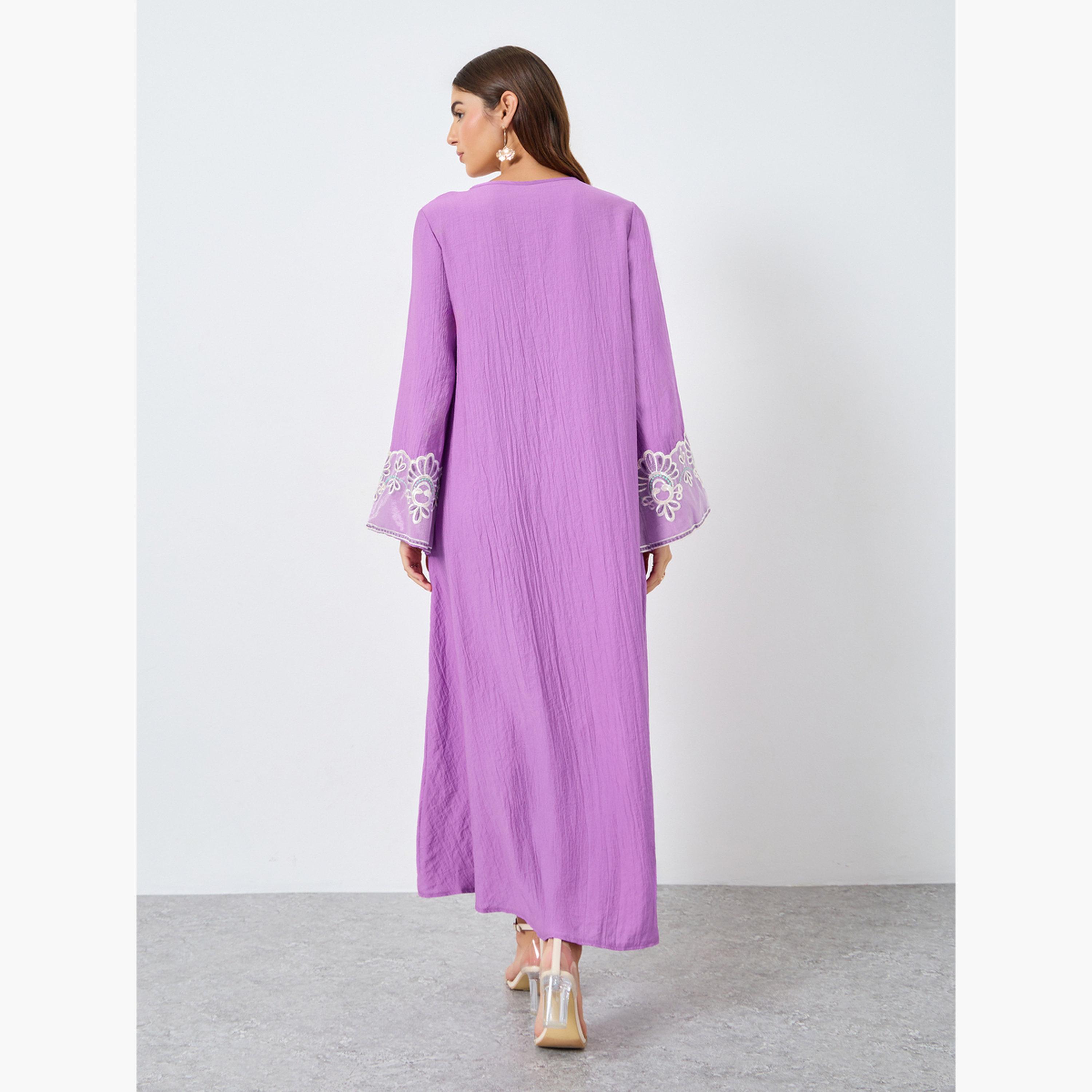 كينلي × ستايلي - جلابية بأكمام طويلة وتطريز منقوش وتفاصيل دانتيل-women-arabicclothing-jalabiyas-image-4