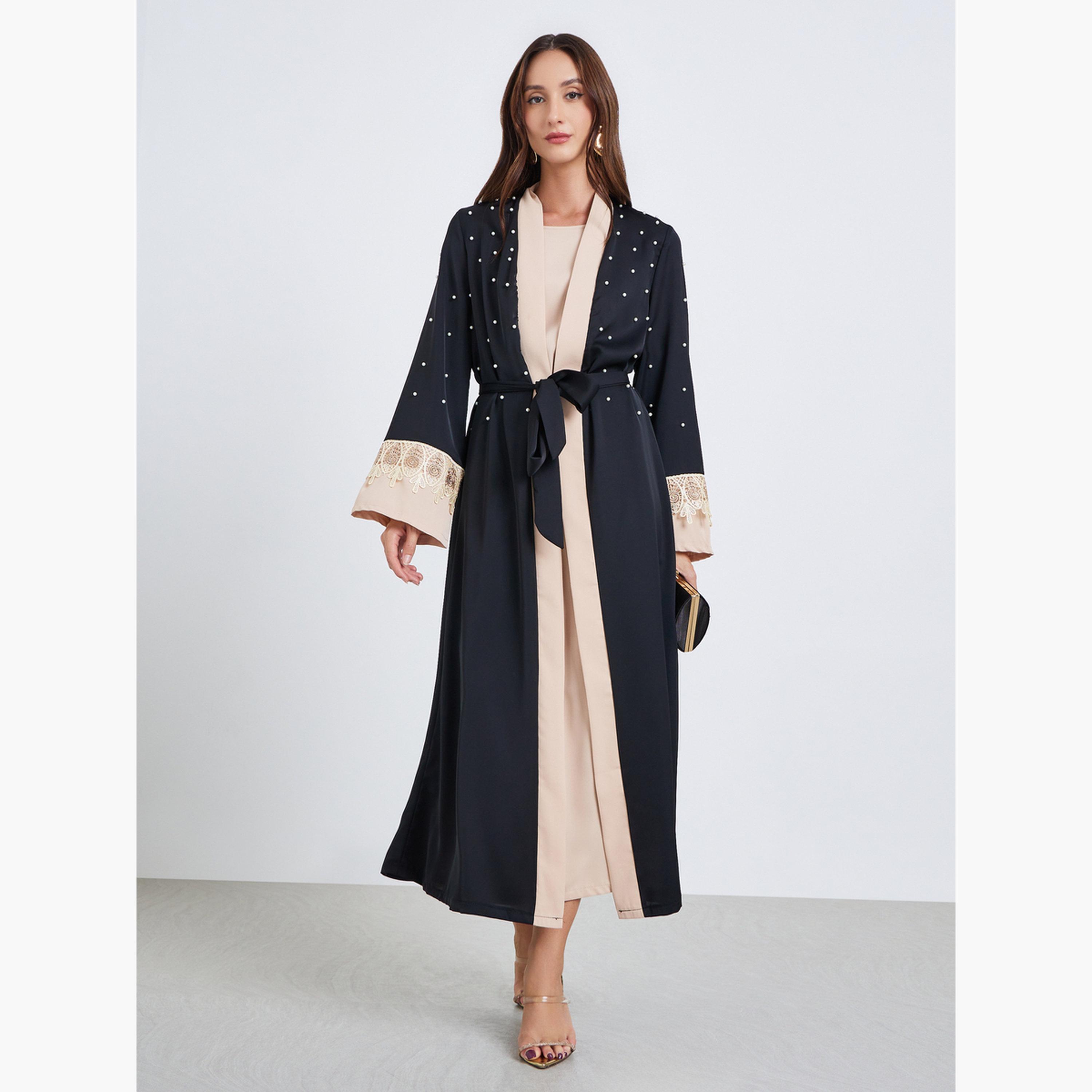 طقم عباية بحزام وتزيين لؤلؤ صناعي مع فستان-women-clothing-coordsets-image-1