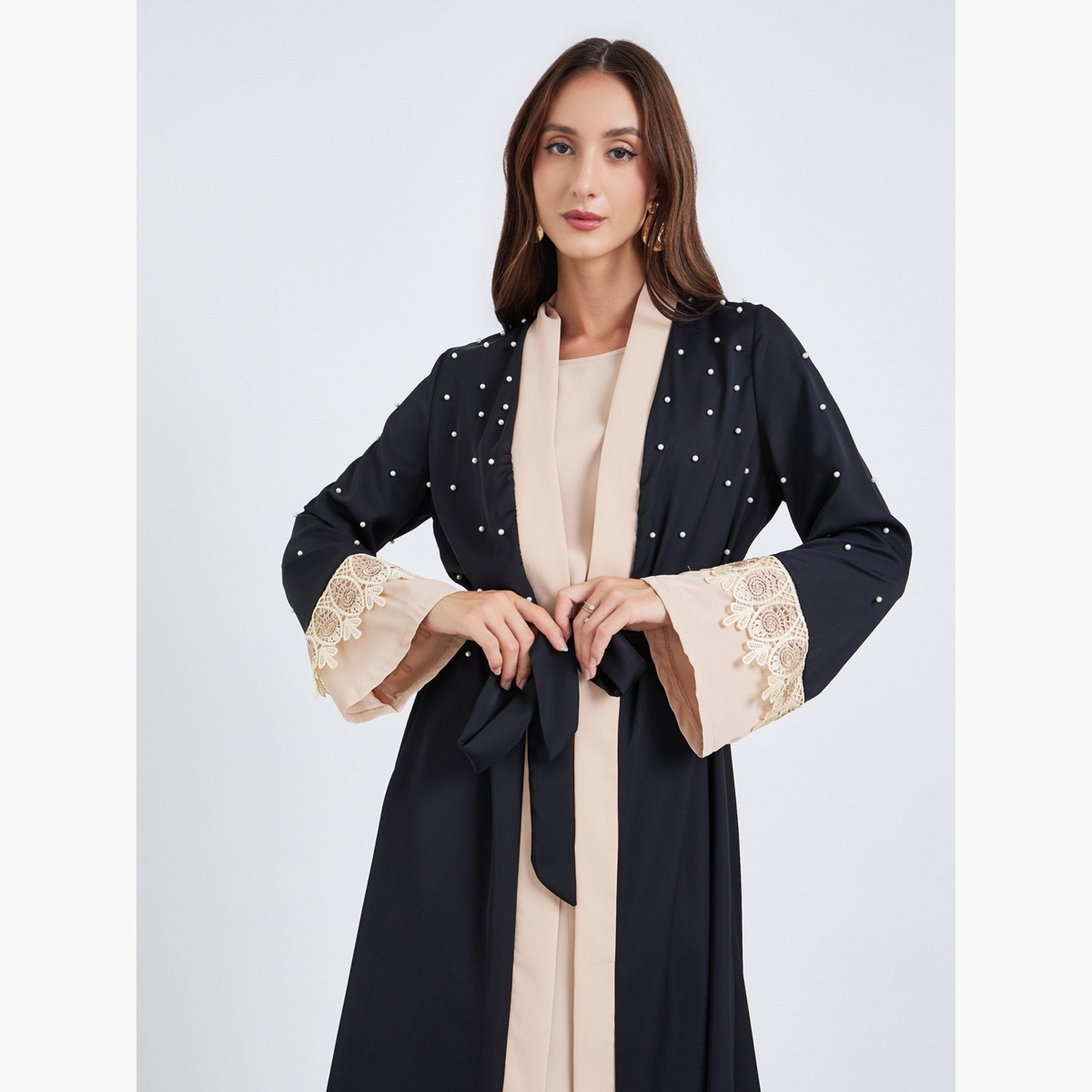 طقم عباية بحزام وتزيين لؤلؤ صناعي مع فستان-women-clothing-coordsets-image-2