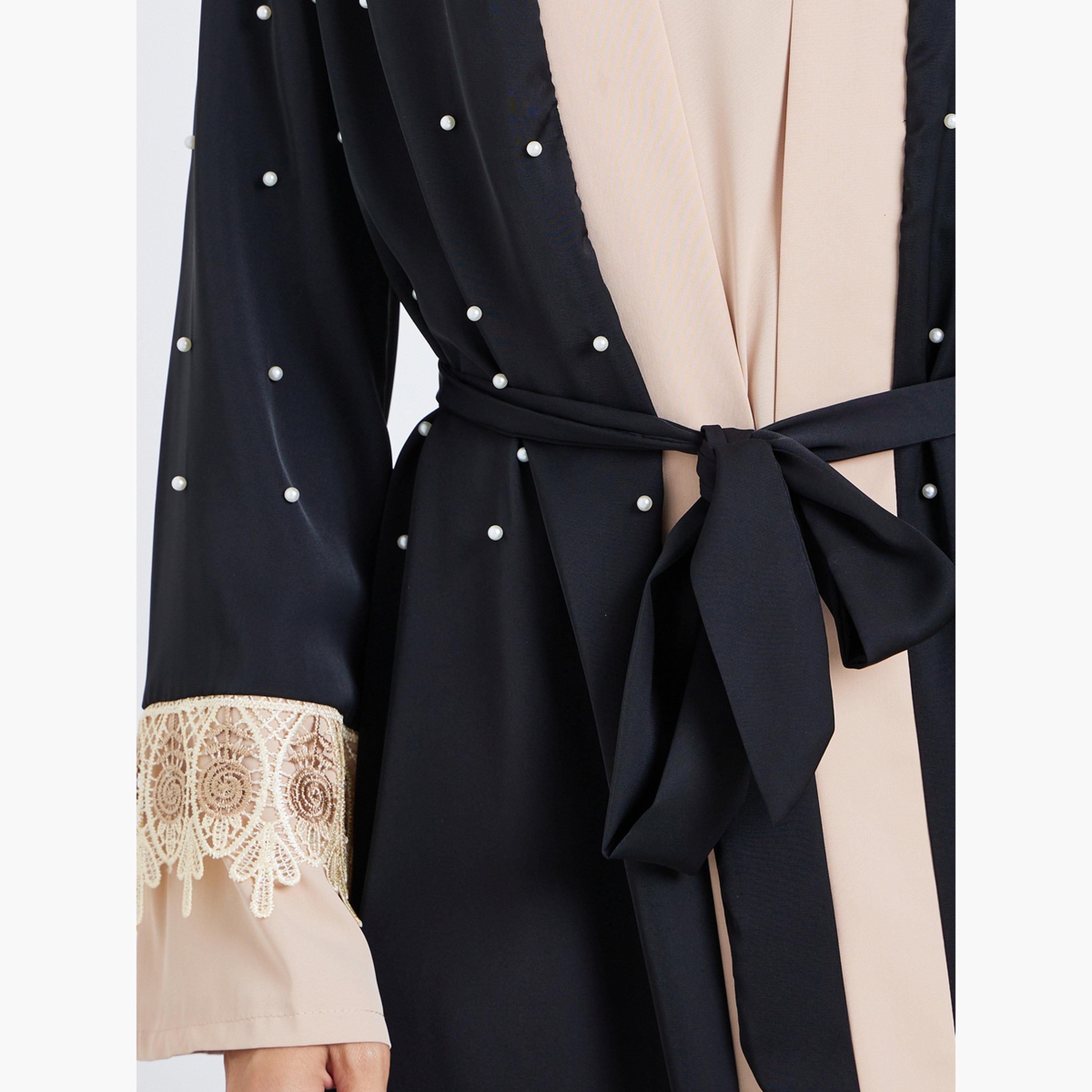 طقم عباية بحزام وتزيين لؤلؤ صناعي مع فستان-women-clothing-coordsets-image-4