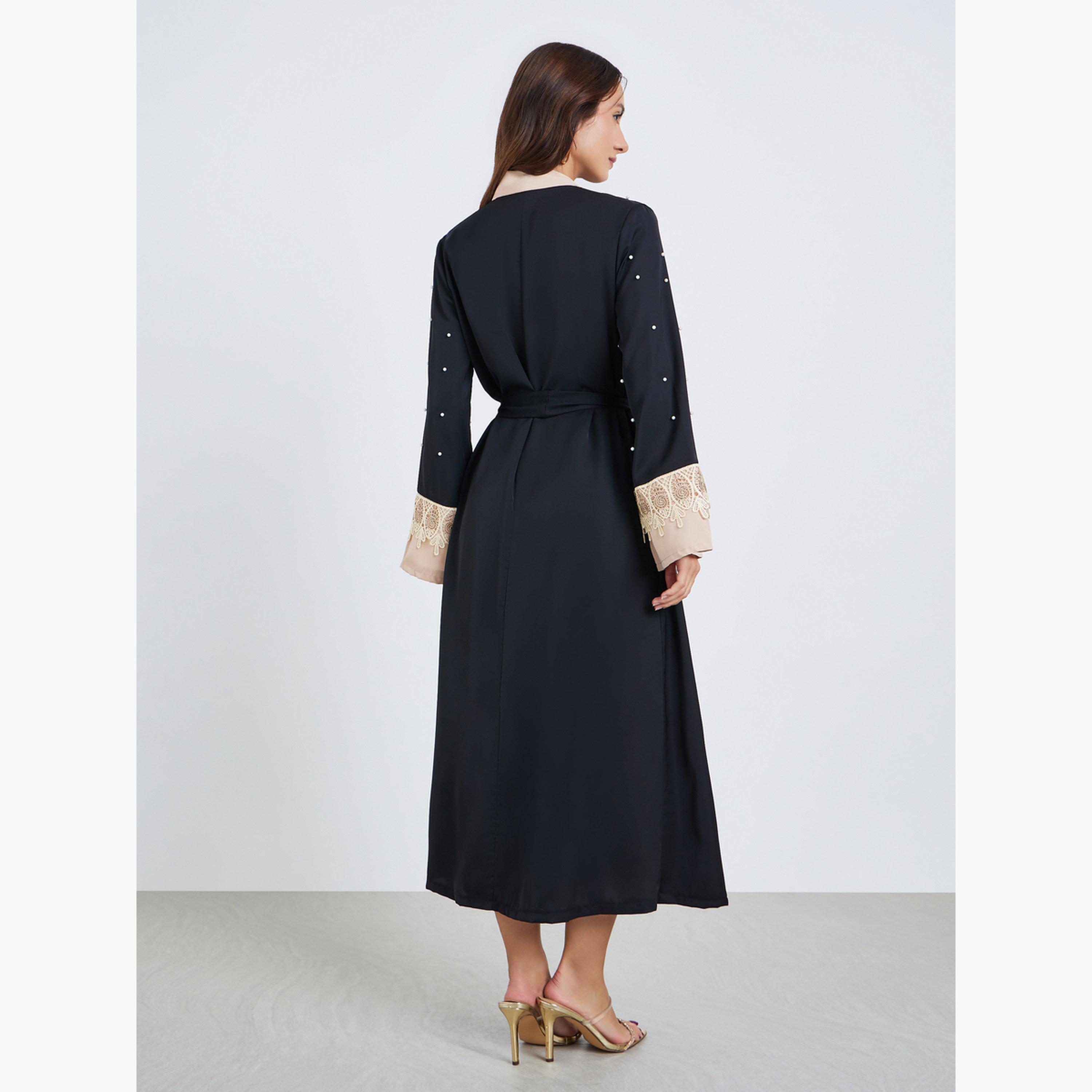 طقم عباية بحزام وتزيين لؤلؤ صناعي مع فستان-women-clothing-coordsets-image-5
