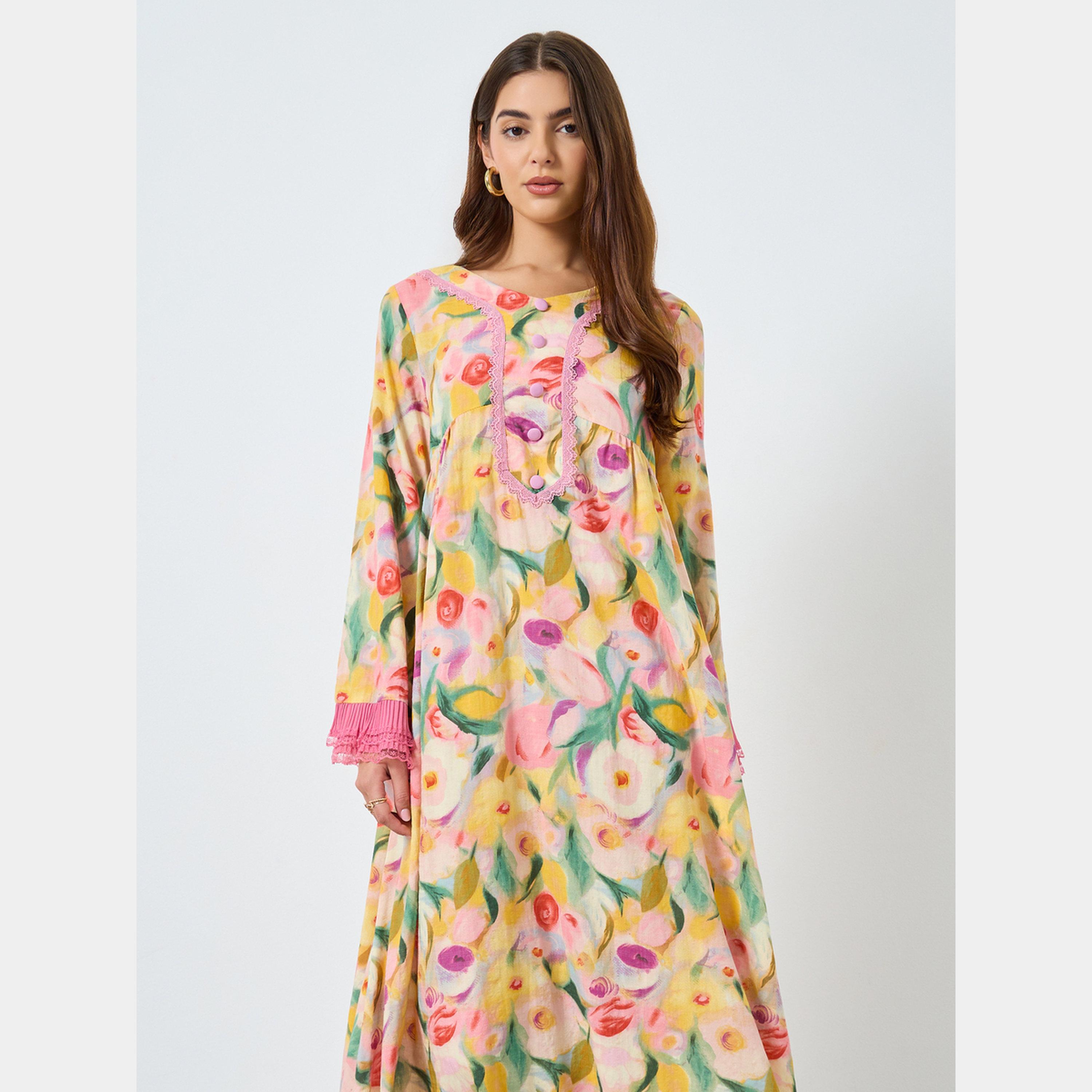 كينلي × ستايلي - فستان ماكسي نسائي برقبة دائرية وتفاصيل دانتيل طباعة الورود-women-clothing-dresses-image-2
