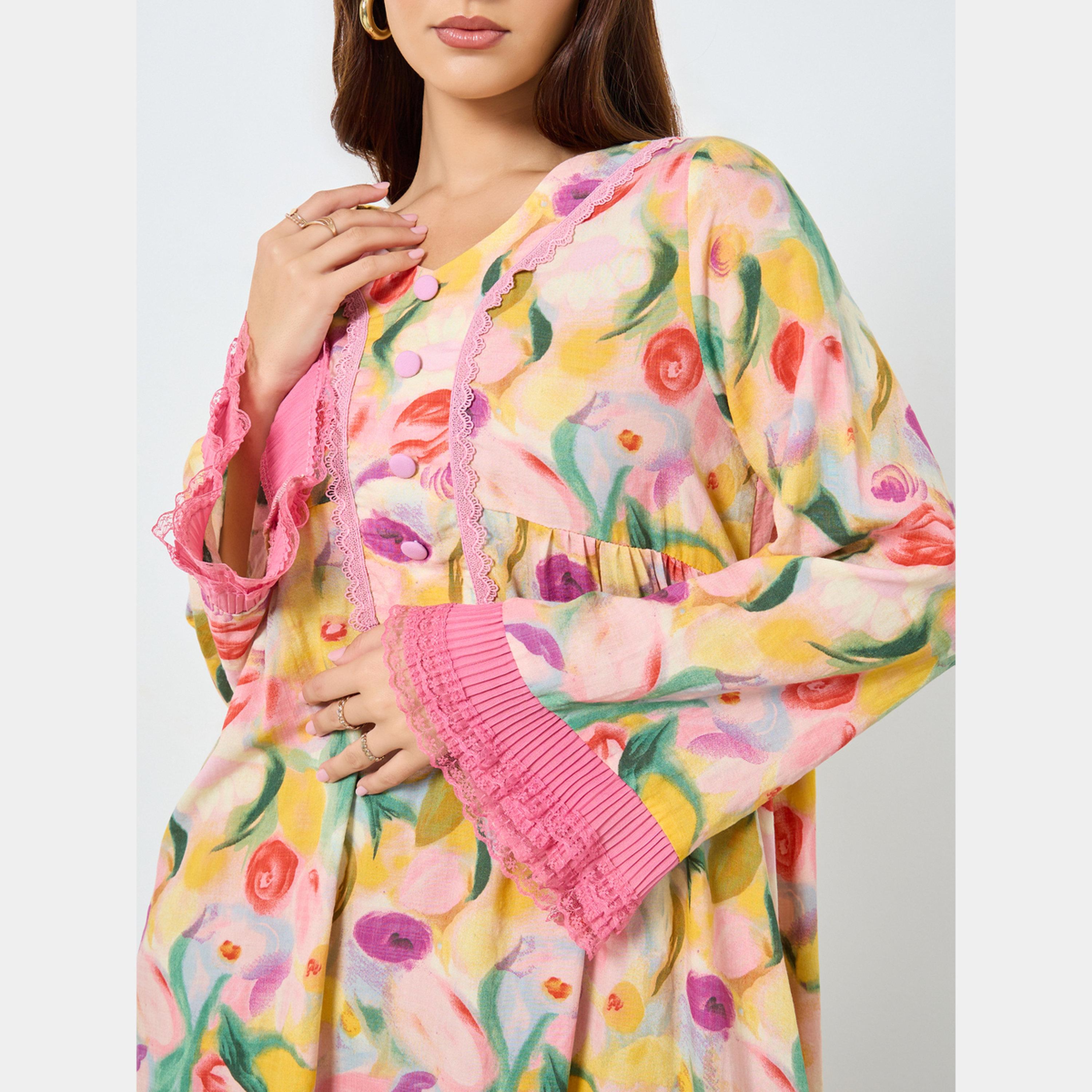 كينلي × ستايلي - فستان ماكسي نسائي برقبة دائرية وتفاصيل دانتيل طباعة الورود-women-clothing-dresses-image-3