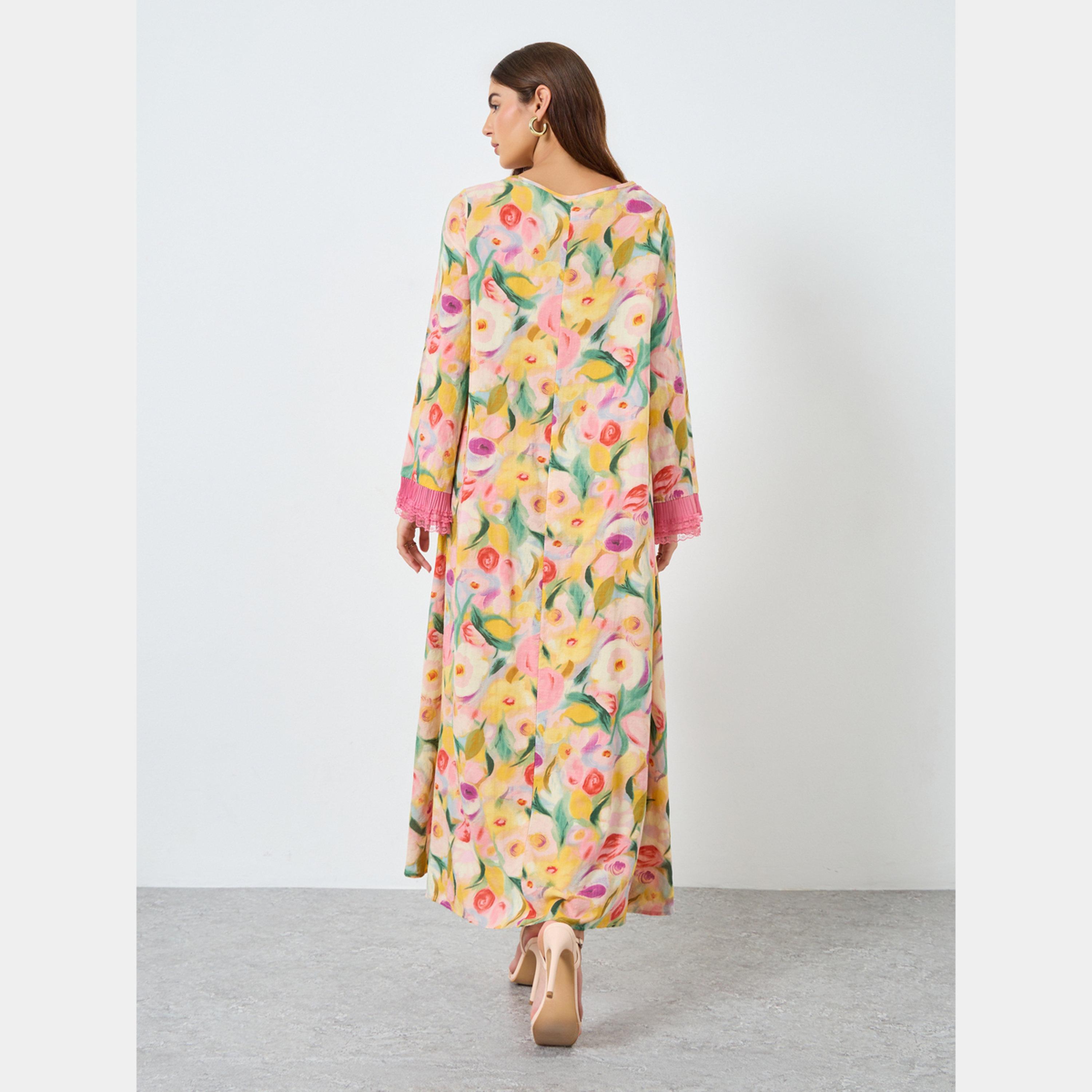 كينلي × ستايلي - فستان ماكسي نسائي برقبة دائرية وتفاصيل دانتيل طباعة الورود-women-clothing-dresses-image-4