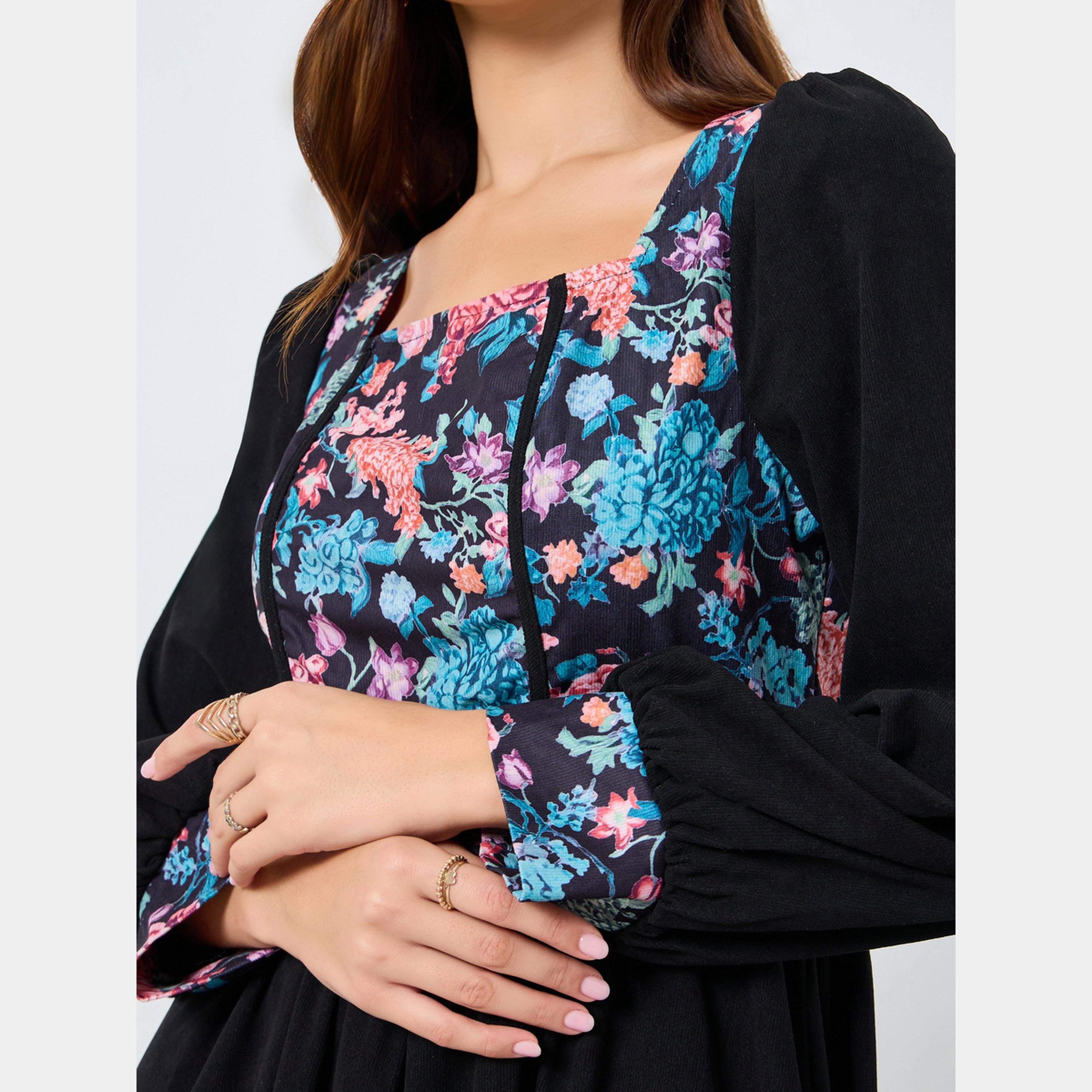 Keenly X Styli Floral Printed Square Neck Balloon Sleeves Women's Midi Dress-women-clothing-dresses-image-3