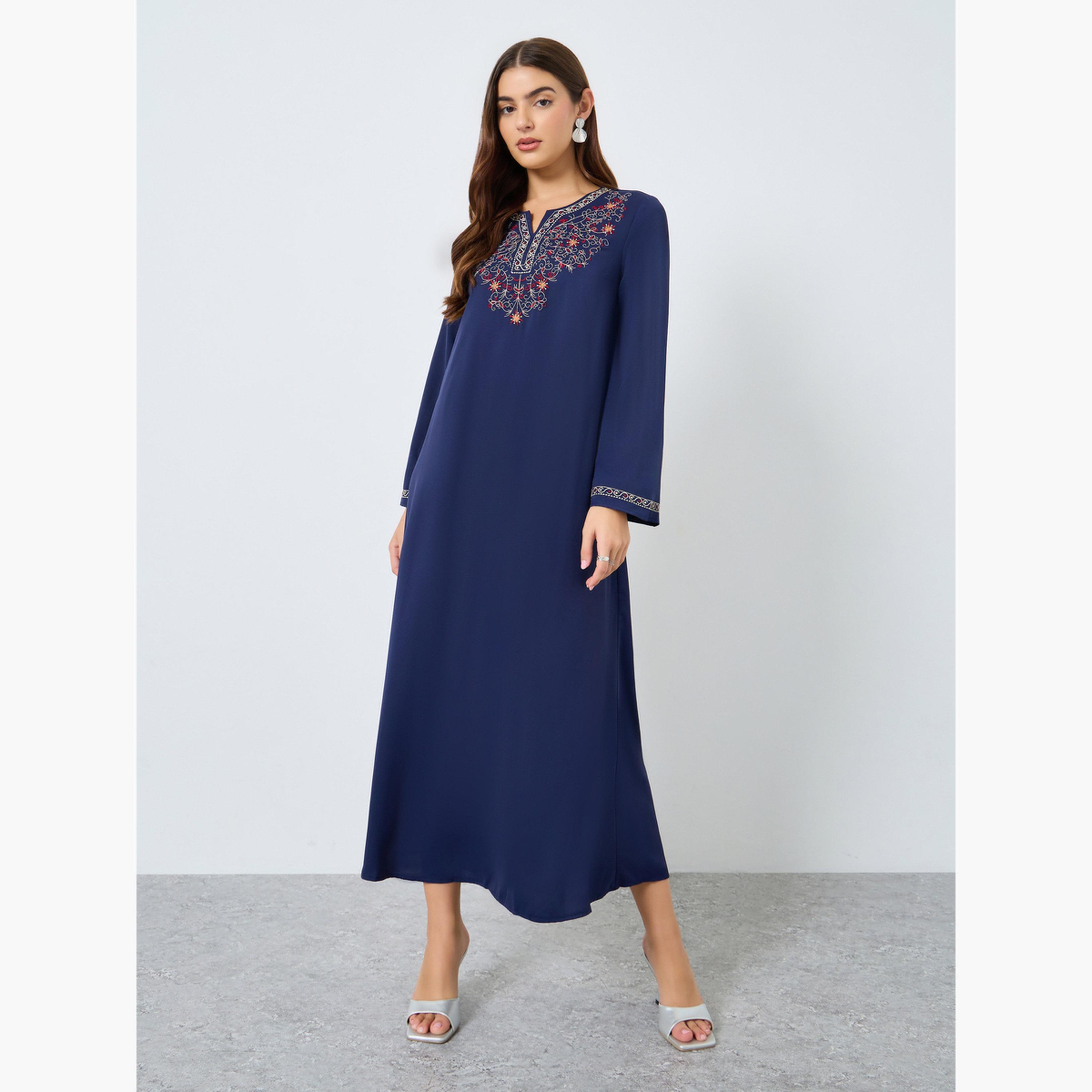 كينلي × ستايلي - جلابية مطرزة برقبة وأكمام طويلة-women-arabicclothing-jalabiyas-image-1