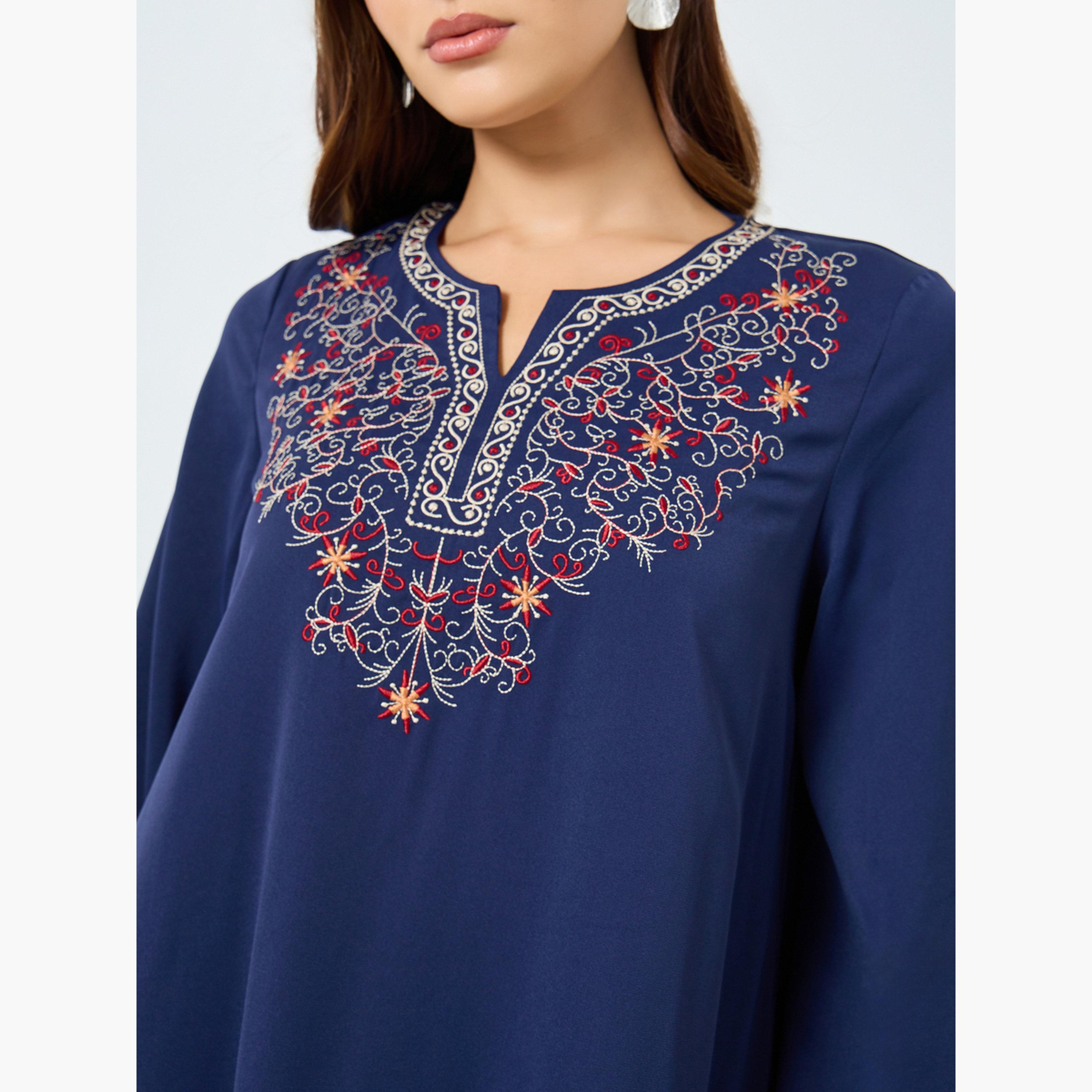 كينلي × ستايلي - جلابية مطرزة برقبة وأكمام طويلة-women-arabicclothing-jalabiyas-image-3