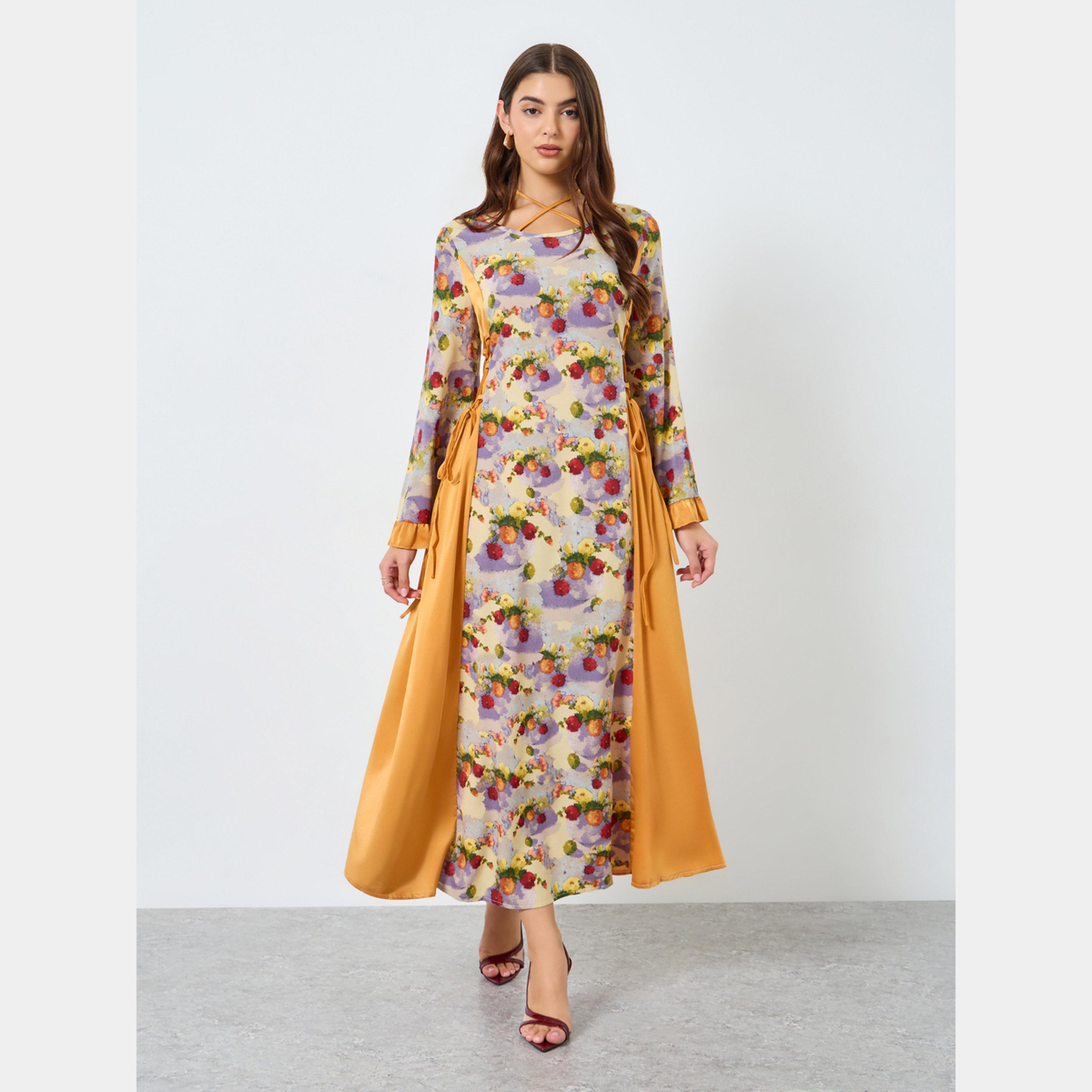 كينلي × ستايلي - فستان ماكسي نسائي بأكمام طويلة ورقبة مربوطة طباعة زهور-women-clothing-dresses-image-1