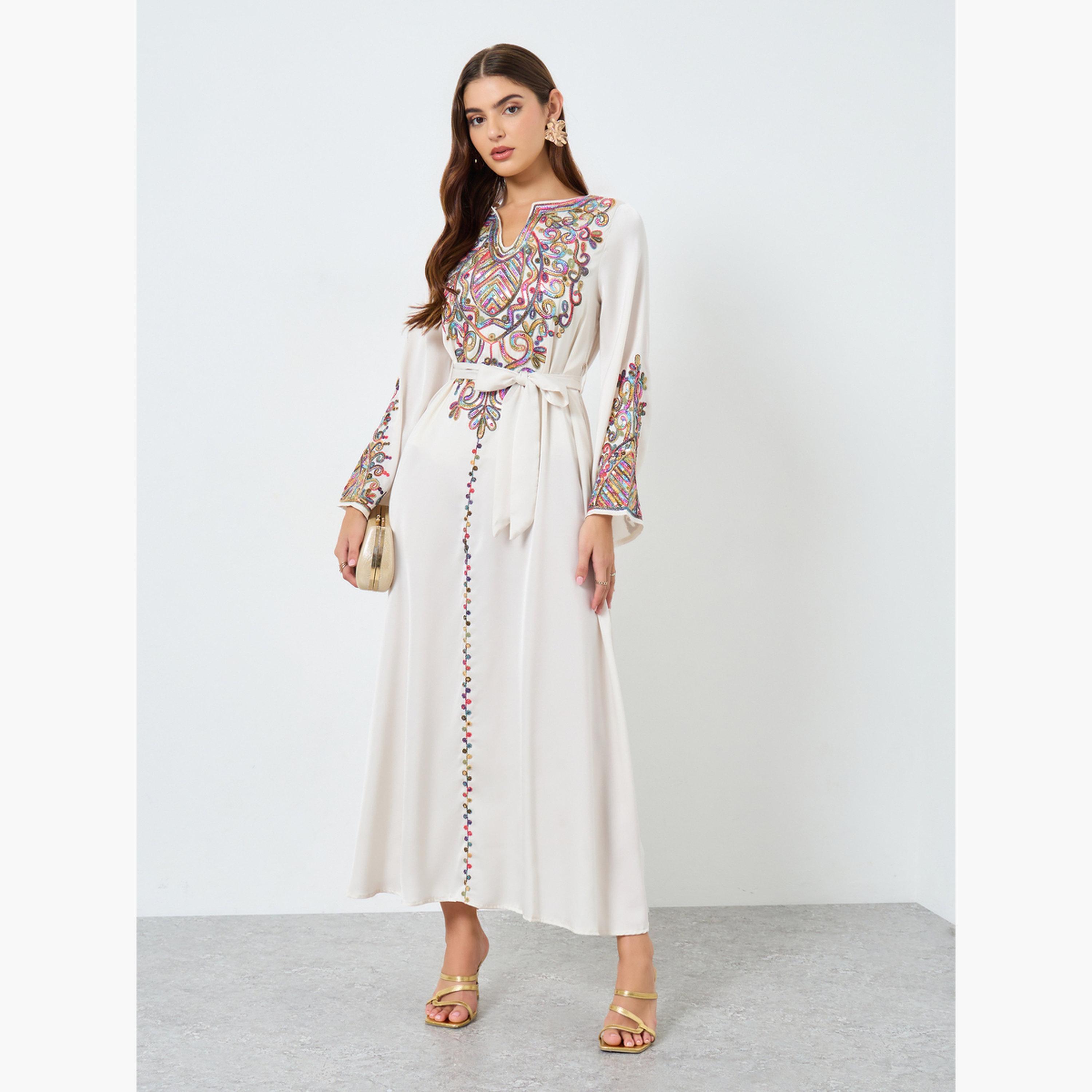 Keenly X Styli Sequin Embellished Belted Long Sleeve Jalabiya-women-arabicclothing-jalabiyas-image-1