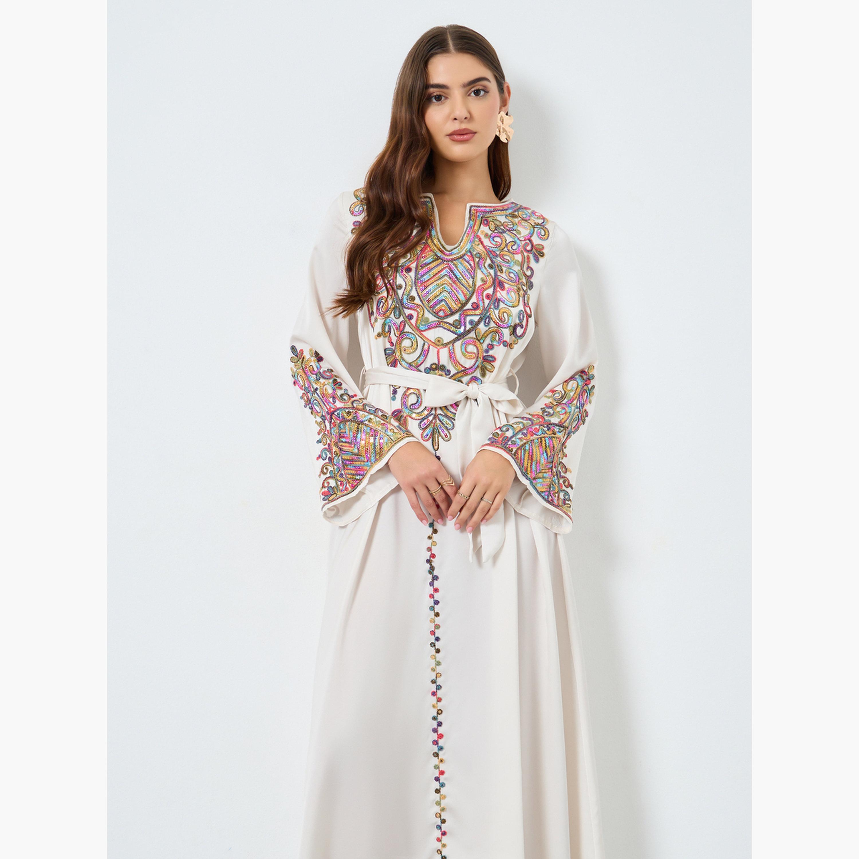 Keenly X Styli Sequin Embellished Belted Long Sleeve Jalabiya-women-arabicclothing-jalabiyas-image-2