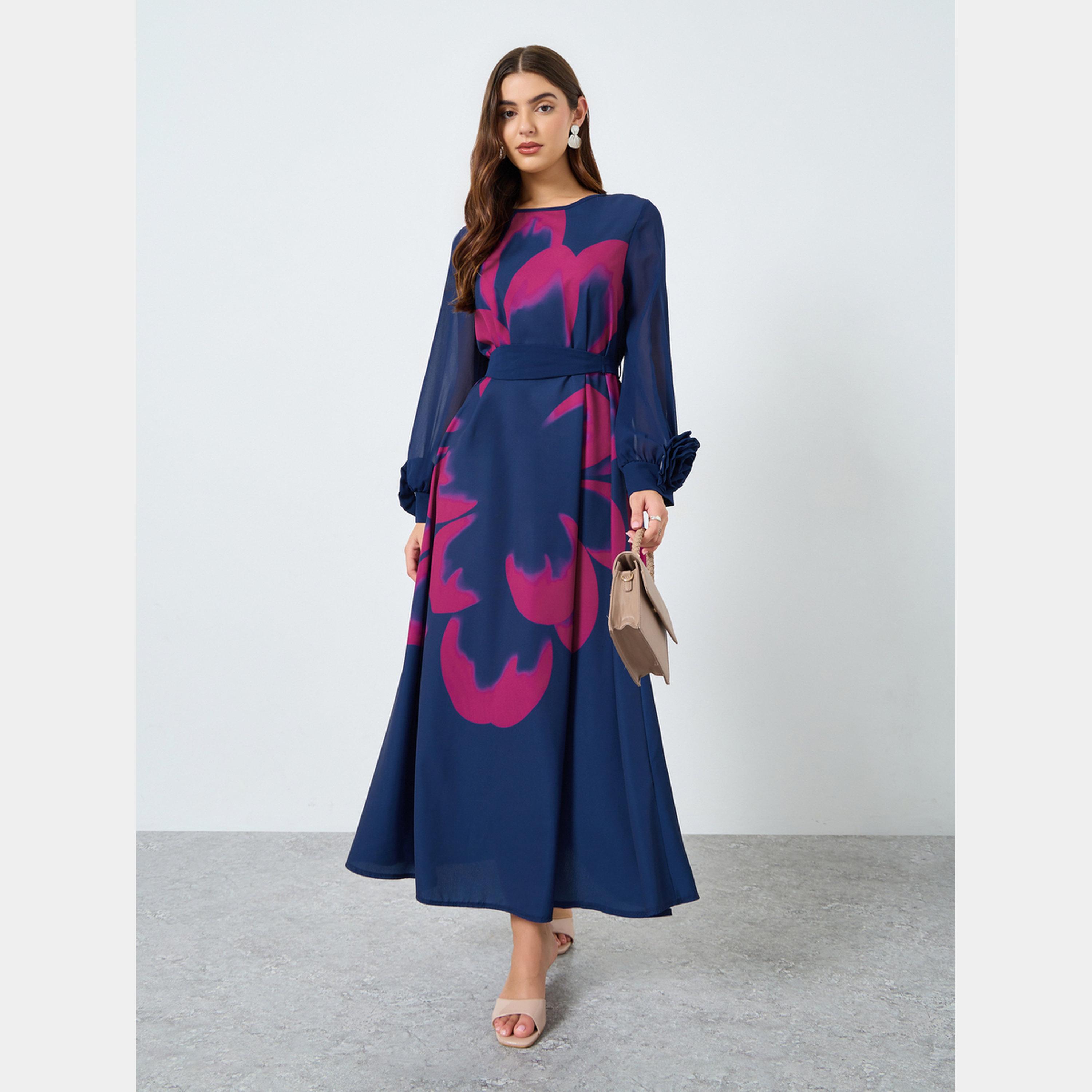 كينلي × ستايلي - فستان ماكسي نسائي بحزام ورقبة دائرية وأكمام طويلة طباعة زهور-women-clothing-dresses-image-1