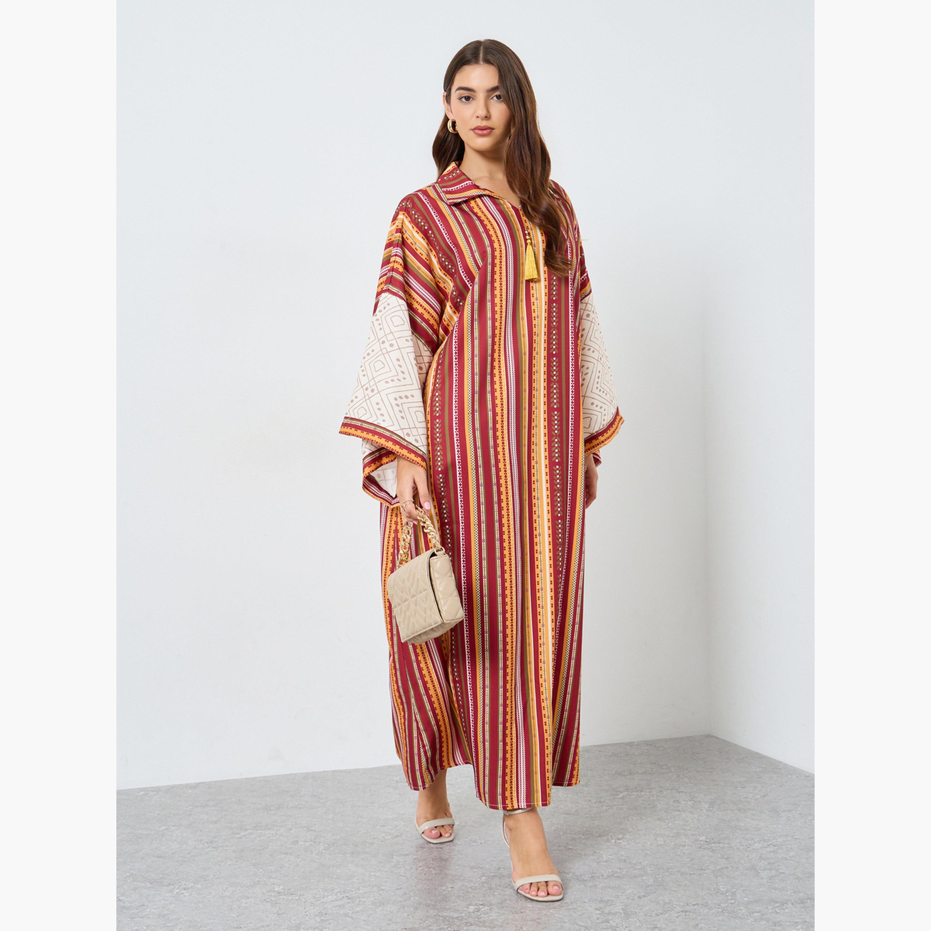Keenly X Styli Striped Collared Tassel Embellished Jalabiya-women-arabicclothing-jalabiyas-image-1