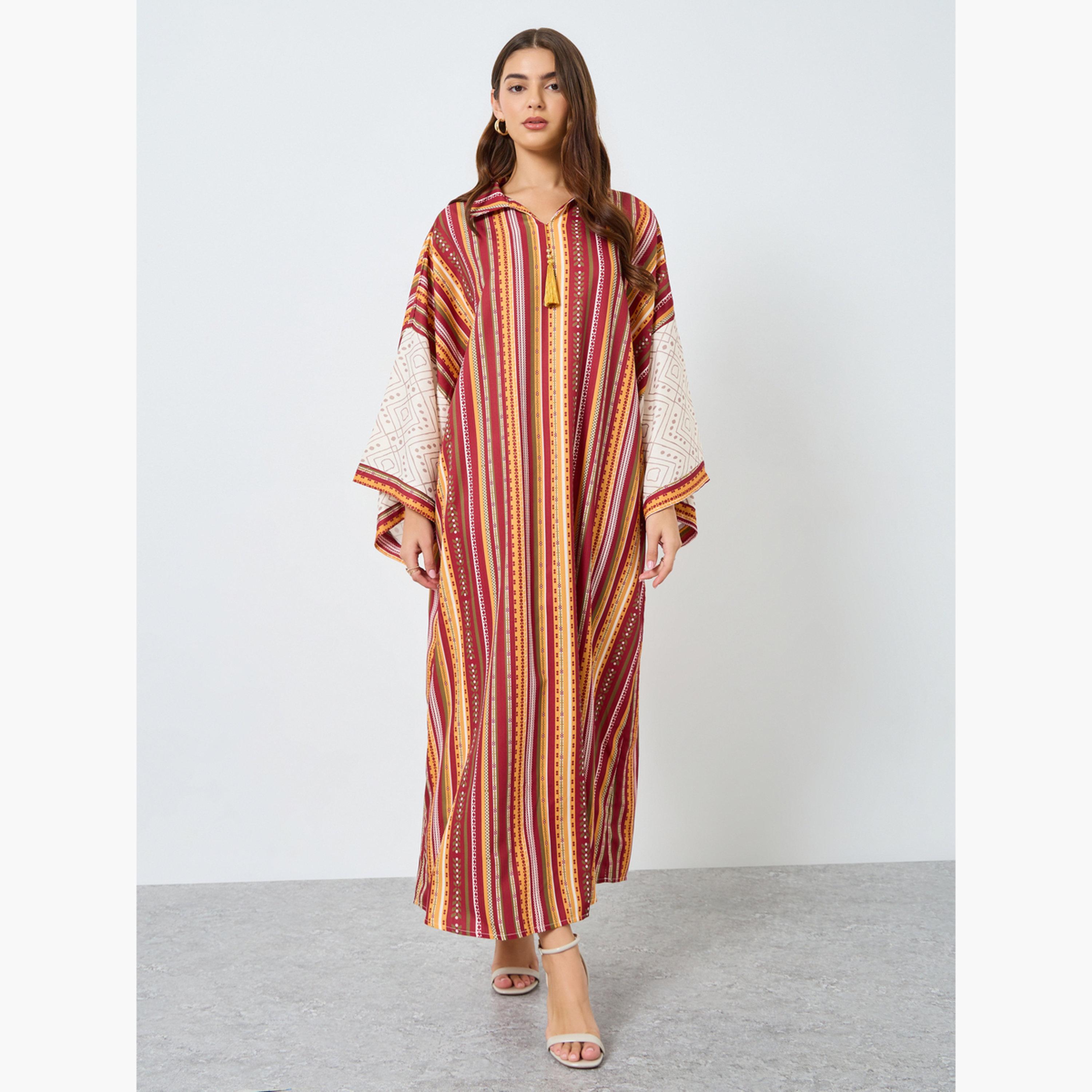 Keenly X Styli Striped Collared Tassel Embellished Jalabiya-women-arabicclothing-jalabiyas-image-2