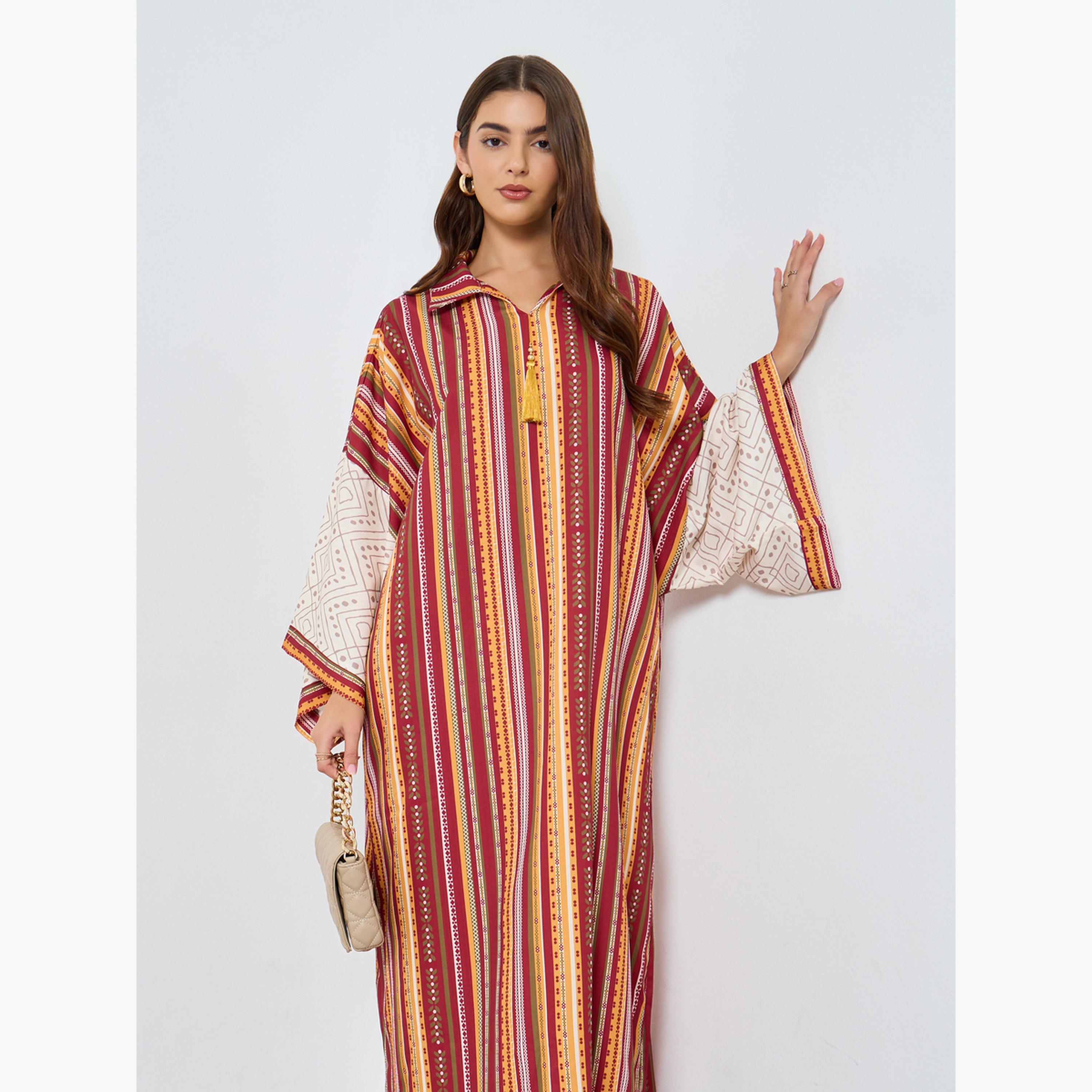 Keenly X Styli Striped Collared Tassel Embellished Jalabiya-women-arabicclothing-jalabiyas-image-3